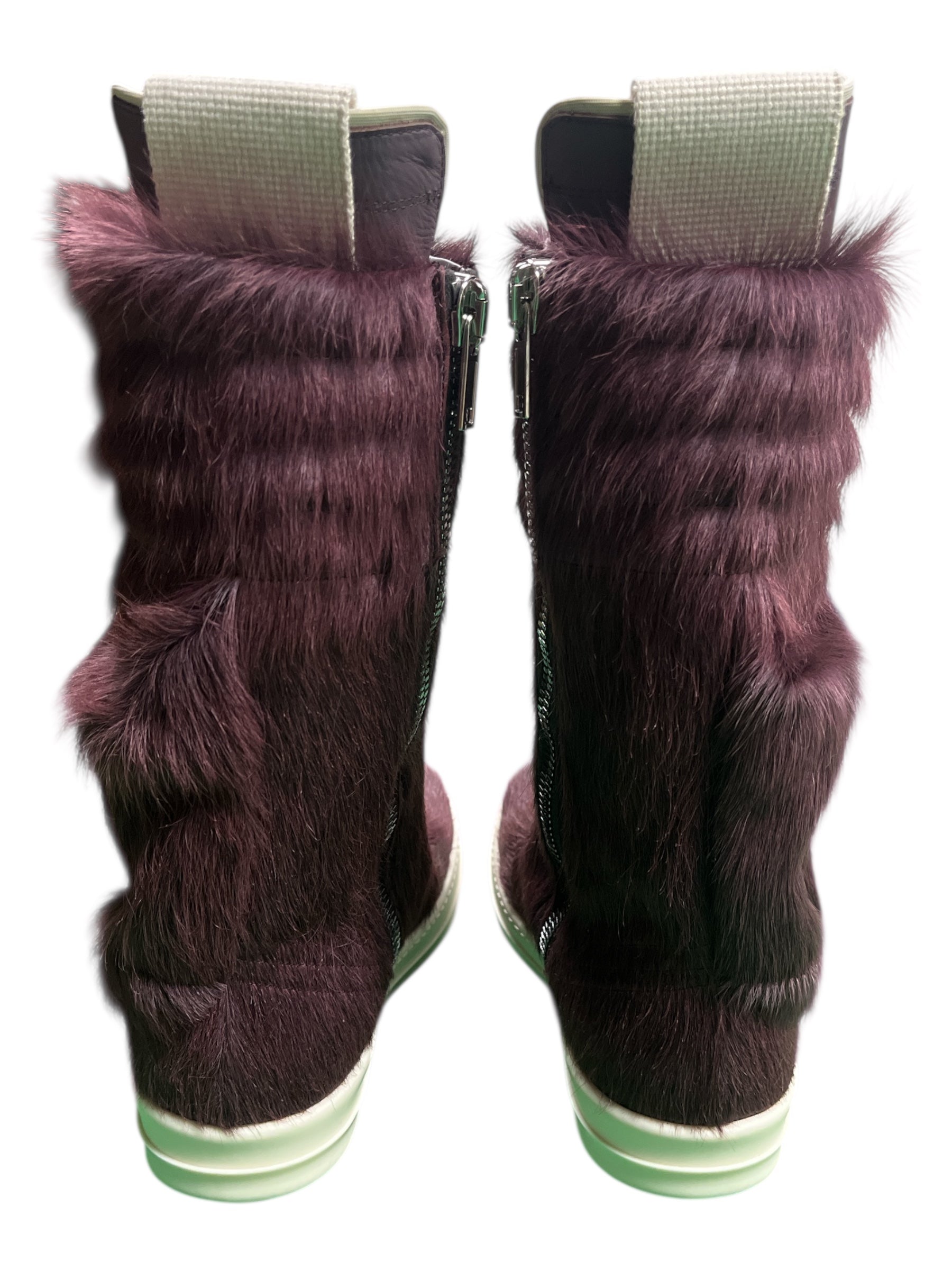 Rick Owens FW23 Luxor Amethyst Pony Hair Cargo Geobasket Sneakers, stylish shoes with textured pony hair and cargo design.