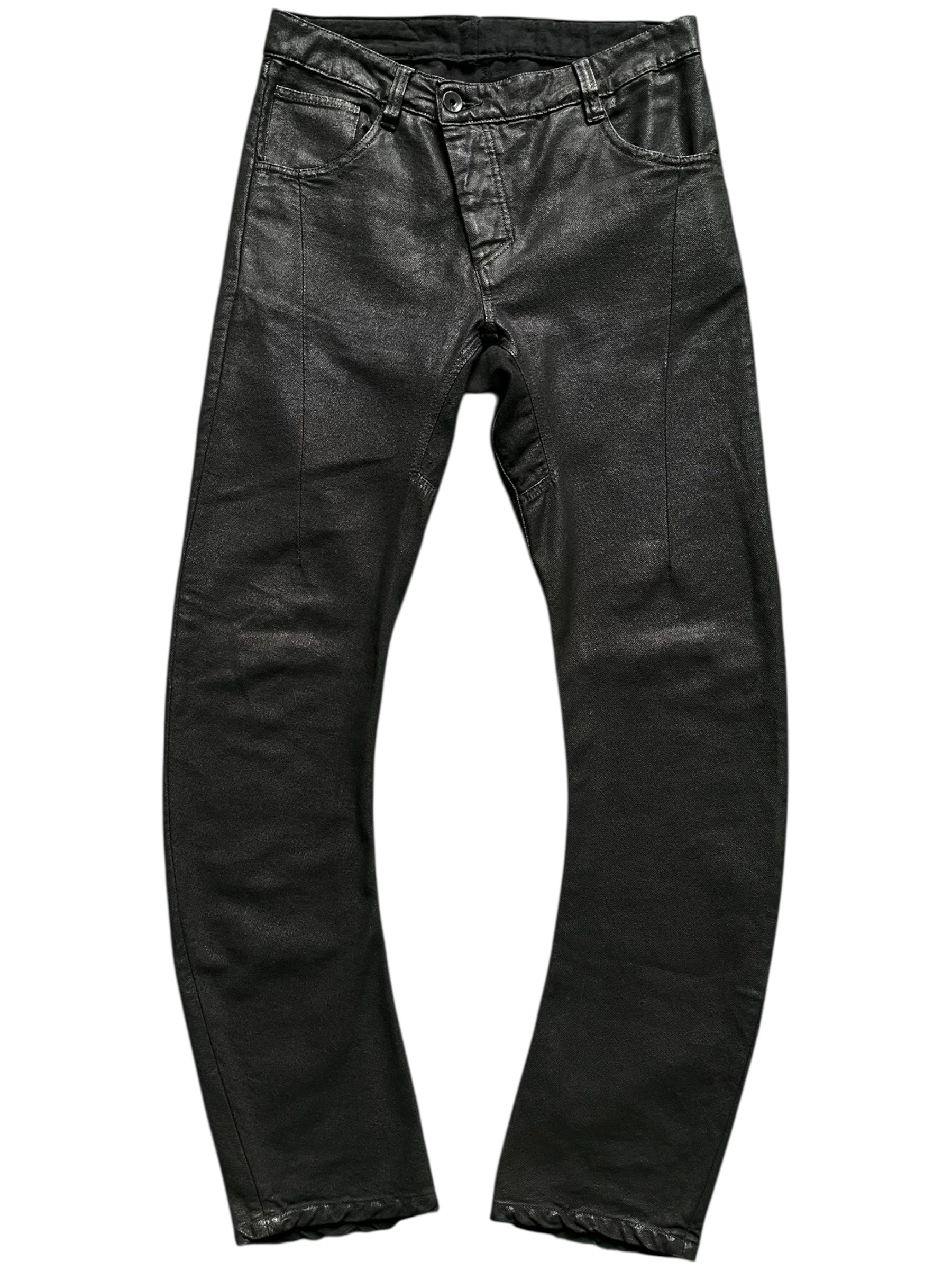 Boris Bidjan Saberi P-13 J-Cut waxed denim pants featuring a slim fit design and detailed stitching.