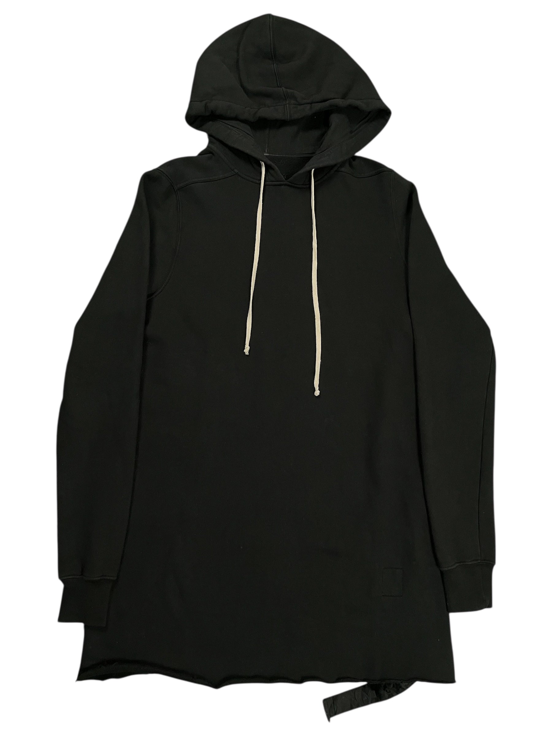 Rick Owens SS21 DRKSHDW long black hoodie with a relaxed fit and front kangaroo pocket, casual streetwear style.