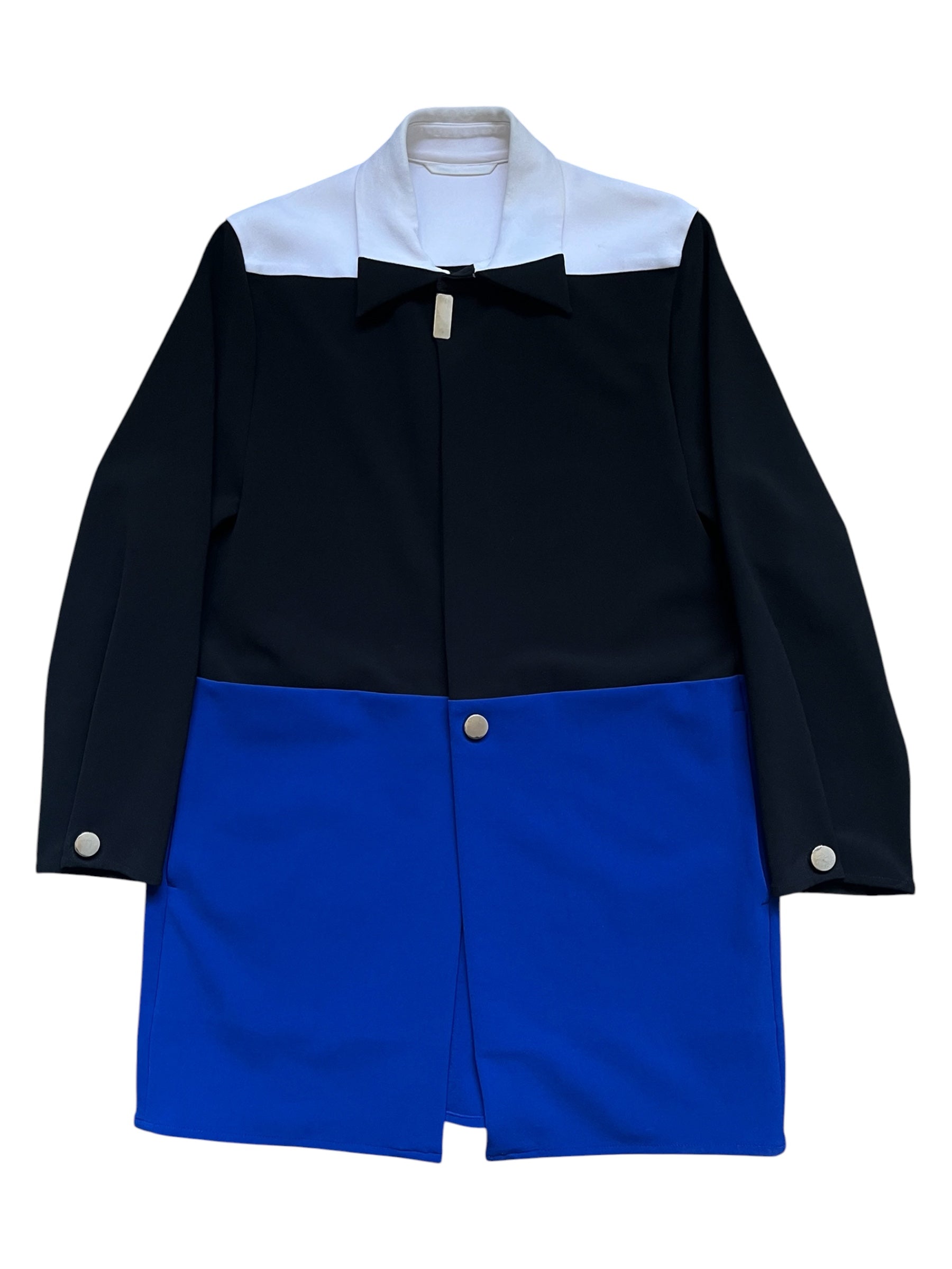 Raf Simons SS14 tri-color athletic long coat with a modern, layered design and vibrant color blocks, displayed on a hanger.