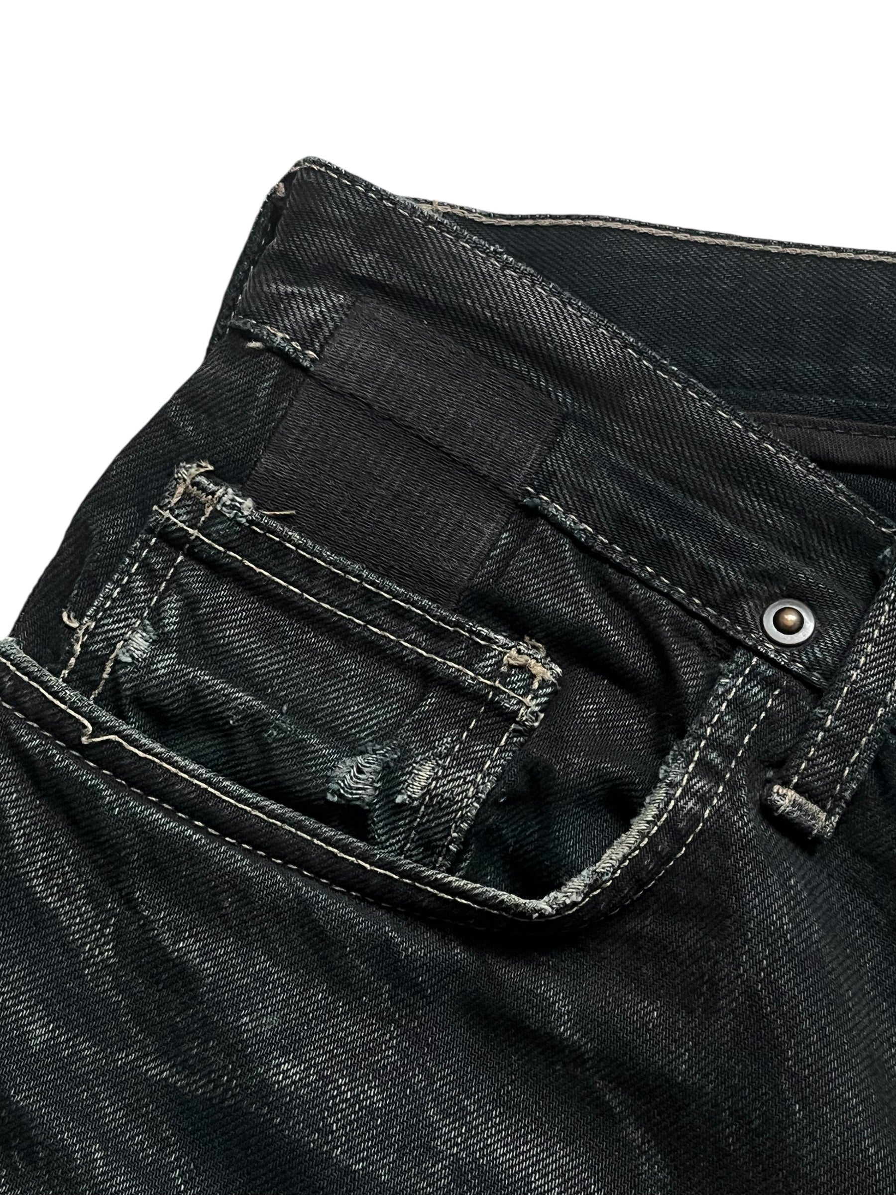 Rick Owens 2006 Slab Black Faded Denim pants with distressed, faded denim fabric and relaxed fit, front view.