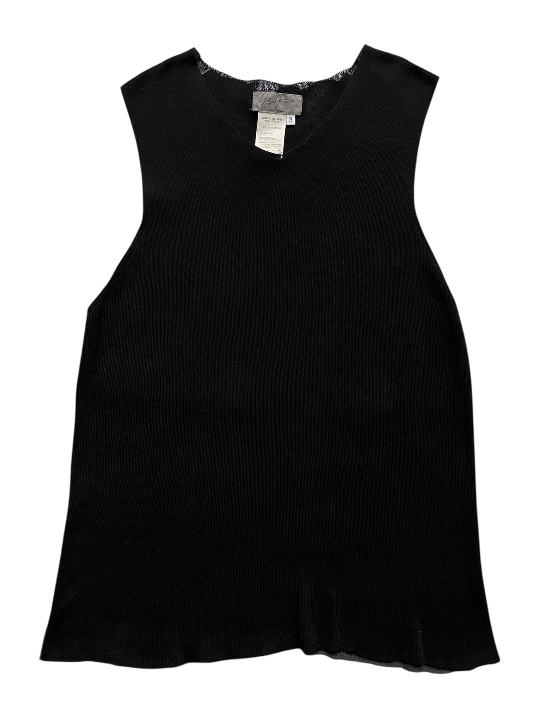 Yohji Yamamoto AW08 knitted tank top in black, close-up view showing textured fabric and sleeveless design.