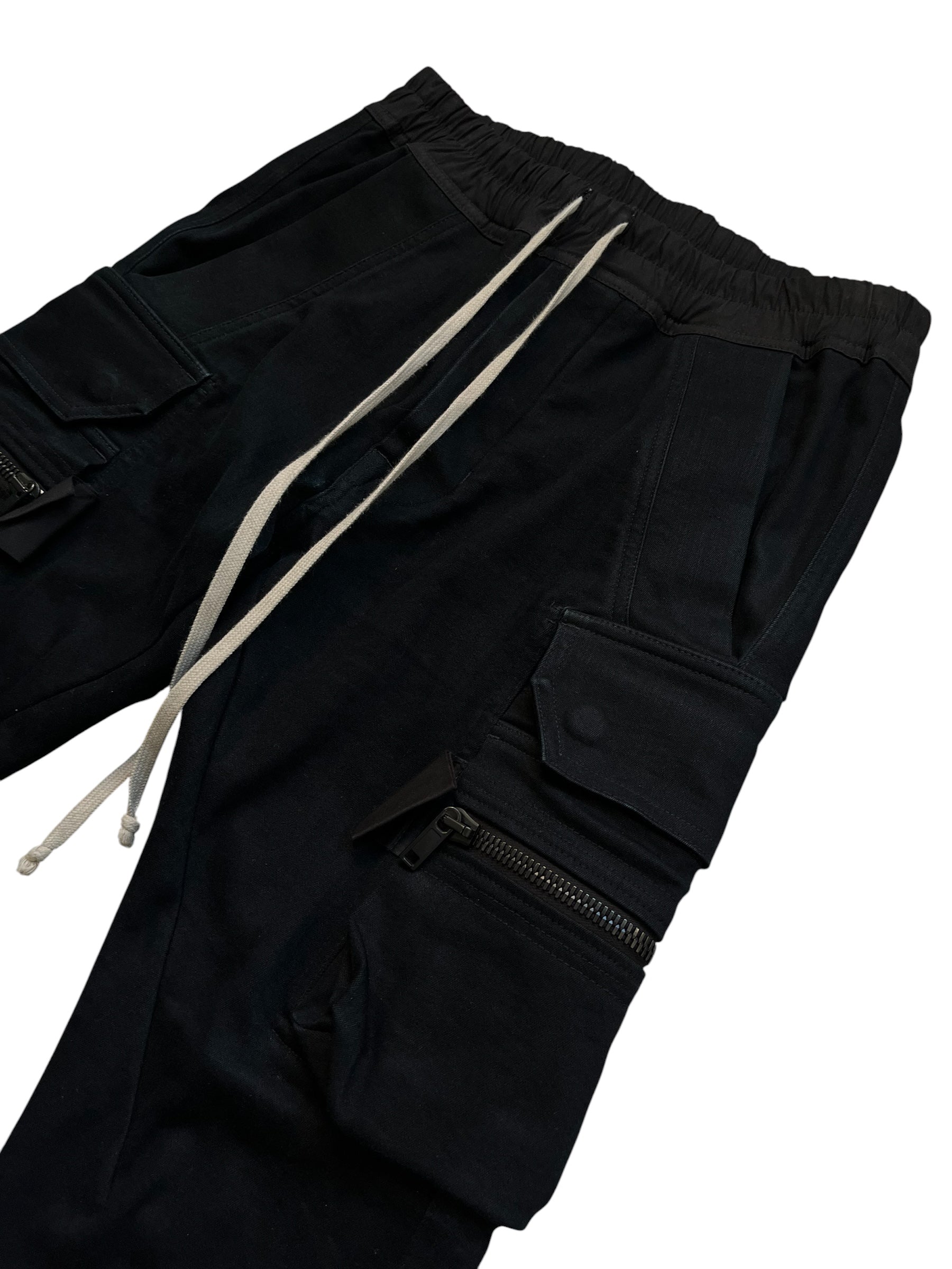 Rick Owens FW16 Mastodon cargo jogger pants with relaxed fit, featuring multiple pockets and tapered design.