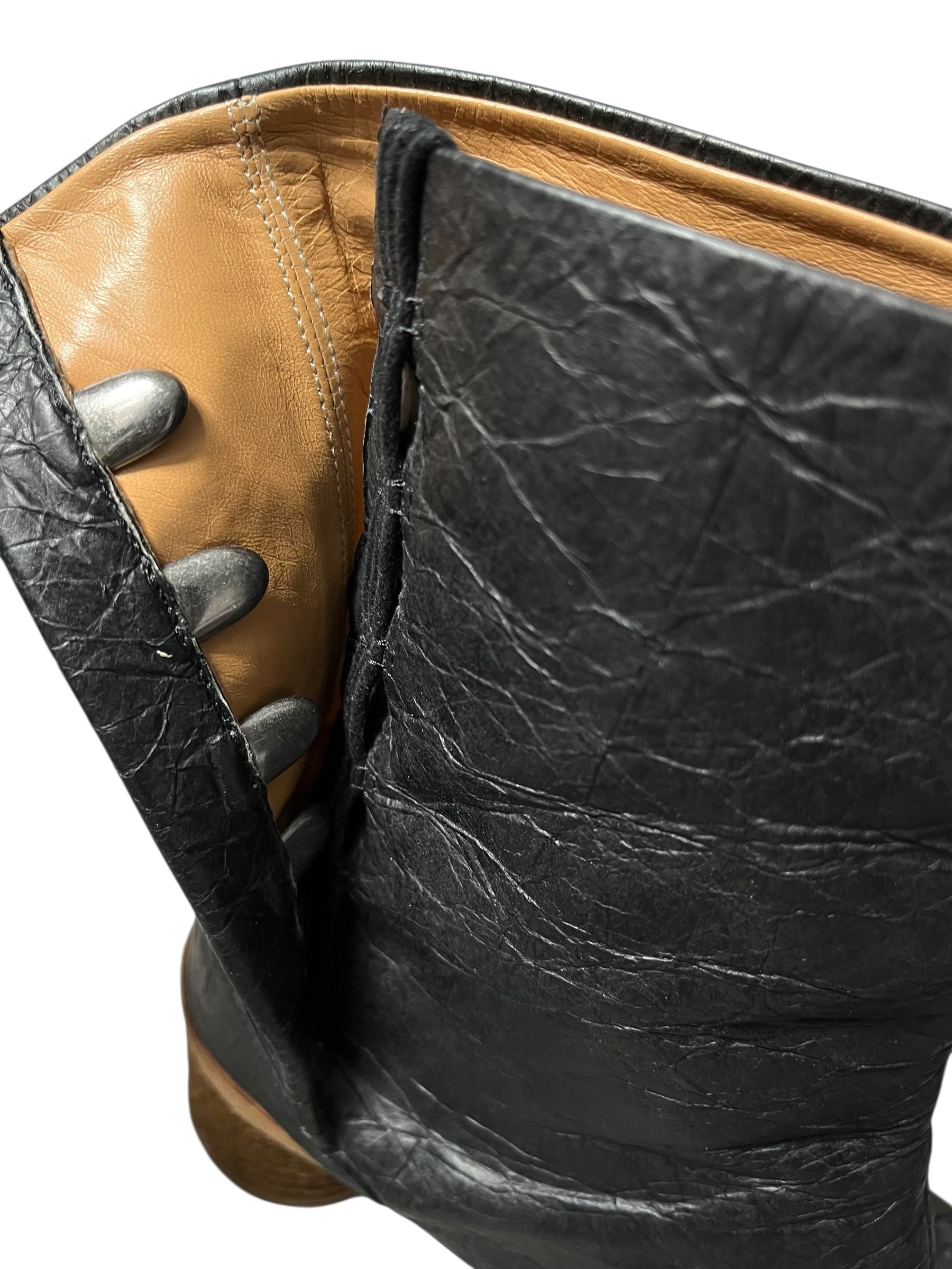 Maison Margiela SS22 crinkled paper effect leather tabi boots, featuring a distinctive split-toe design and textured finish.