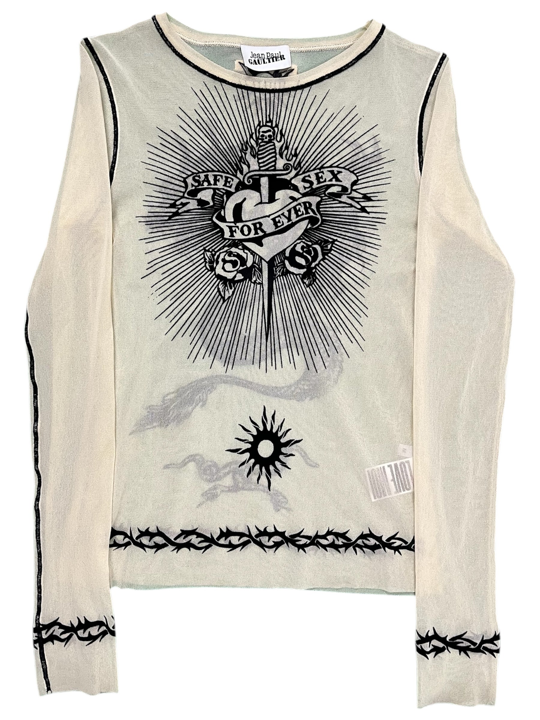 Jean Paul Gaultier Love Moi Safe S*x Forever mesh long sleeve top with sheer fabric and intricate design.