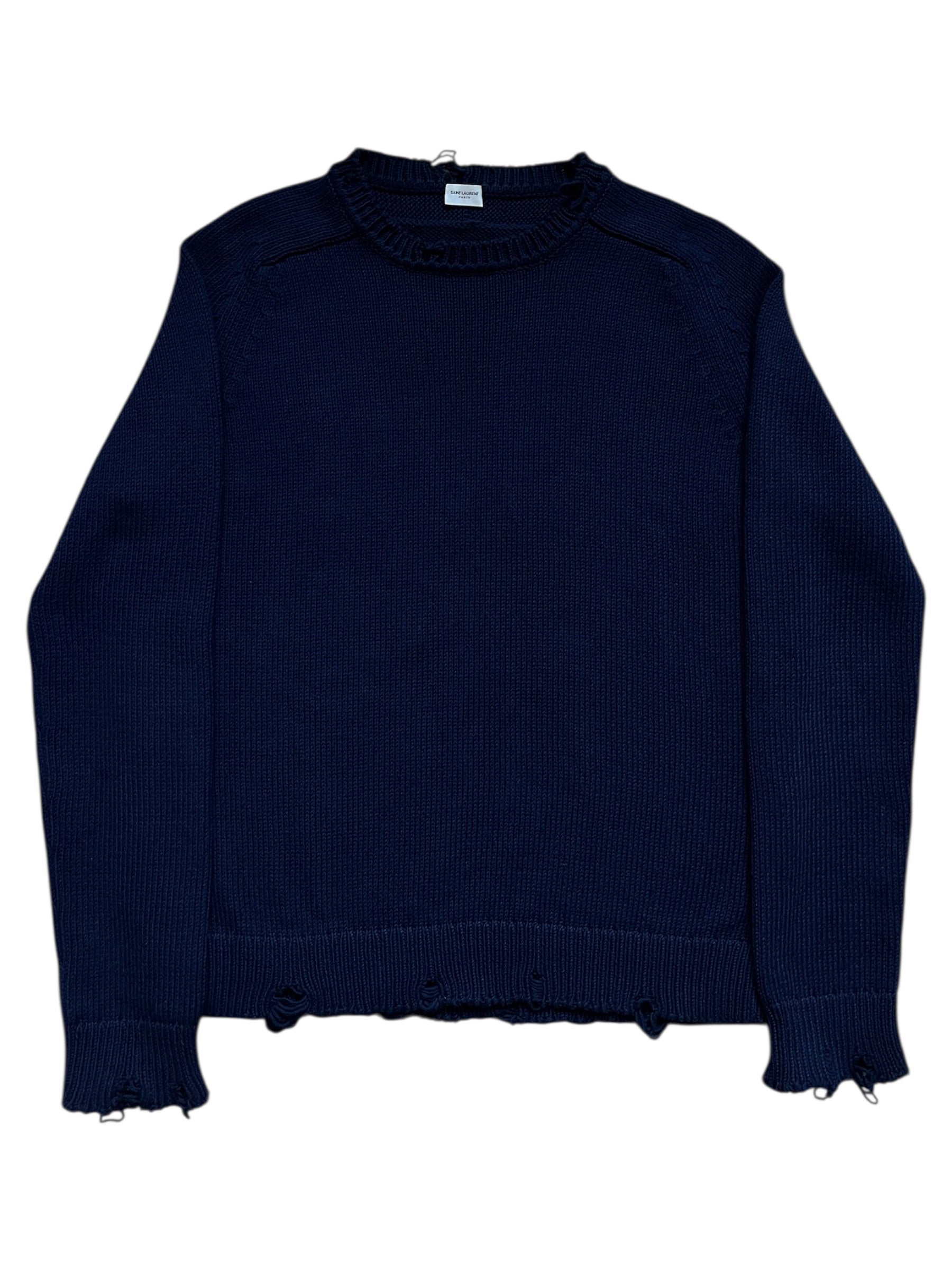 Saint Laurent AW23 distressed navy knit sweater with a cozy, textured design and subtle distressed details.