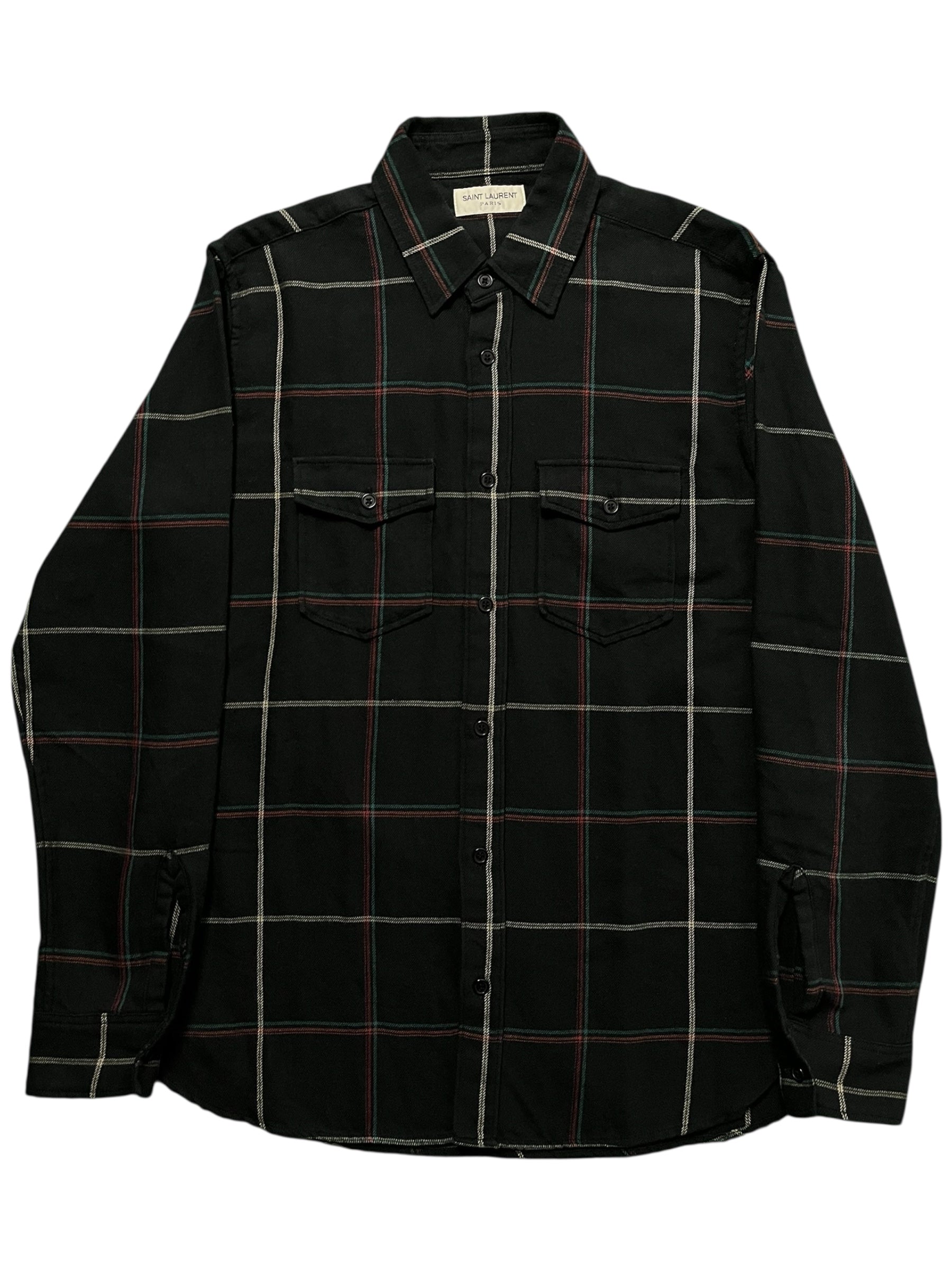 Saint Laurent AW18 navy plaid flannel shirt with button-down collar and classic checkered pattern, casual and stylish for everyday wear.