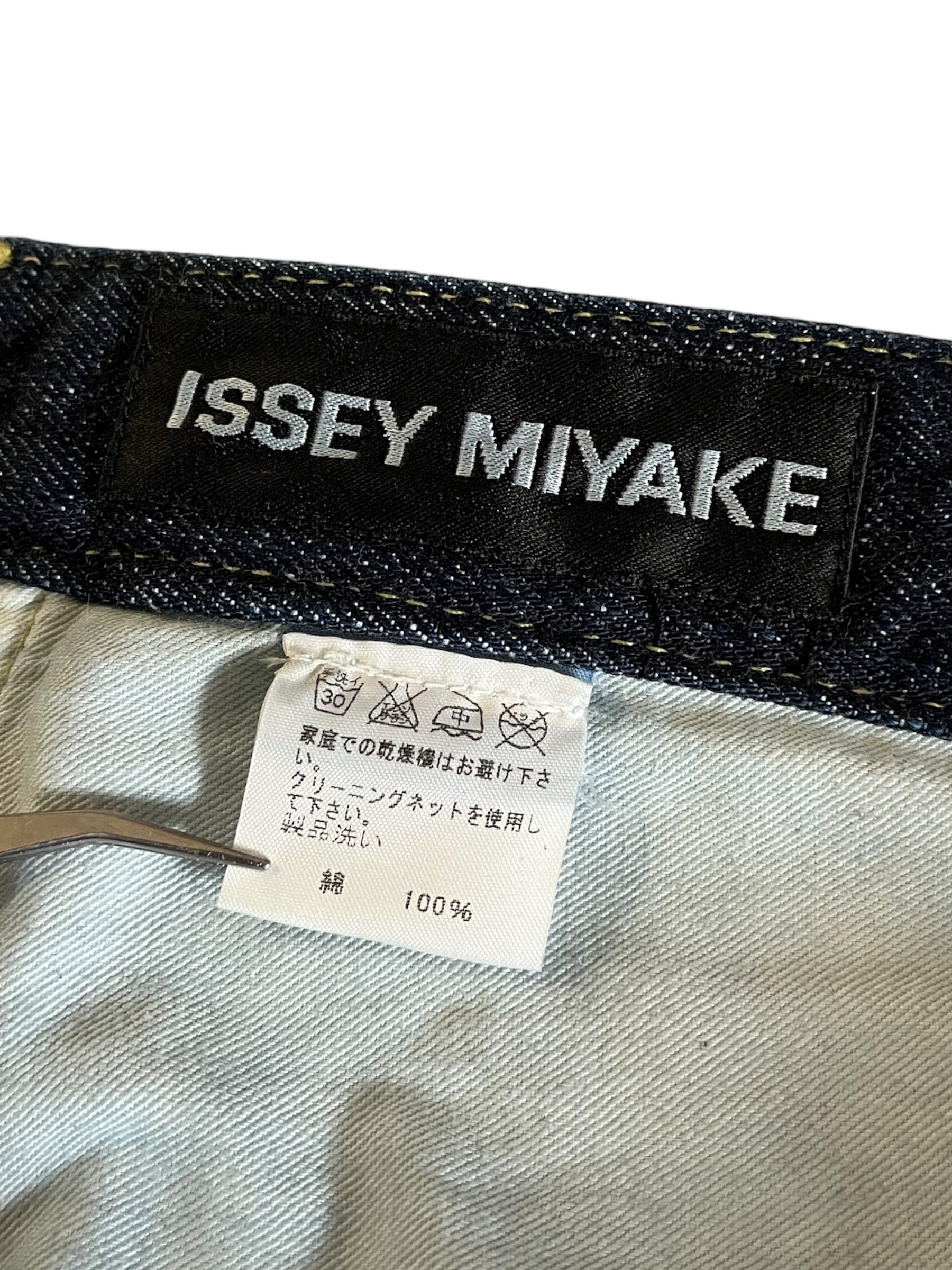 Issey Miyake SS05 runway blue painted denim pants with unique design and vibrant color, shown on a model.