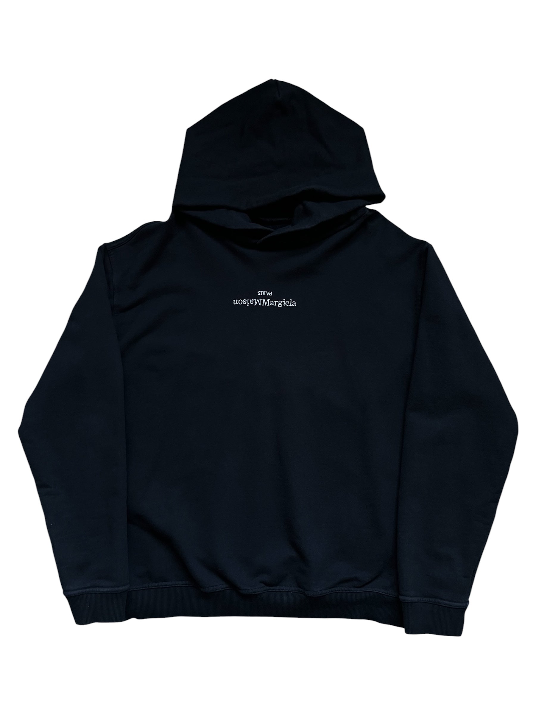 Maison Margiela SS22 hoodie with distorted logo design, soft fabric, and casual fit in a stylish streetwear style.