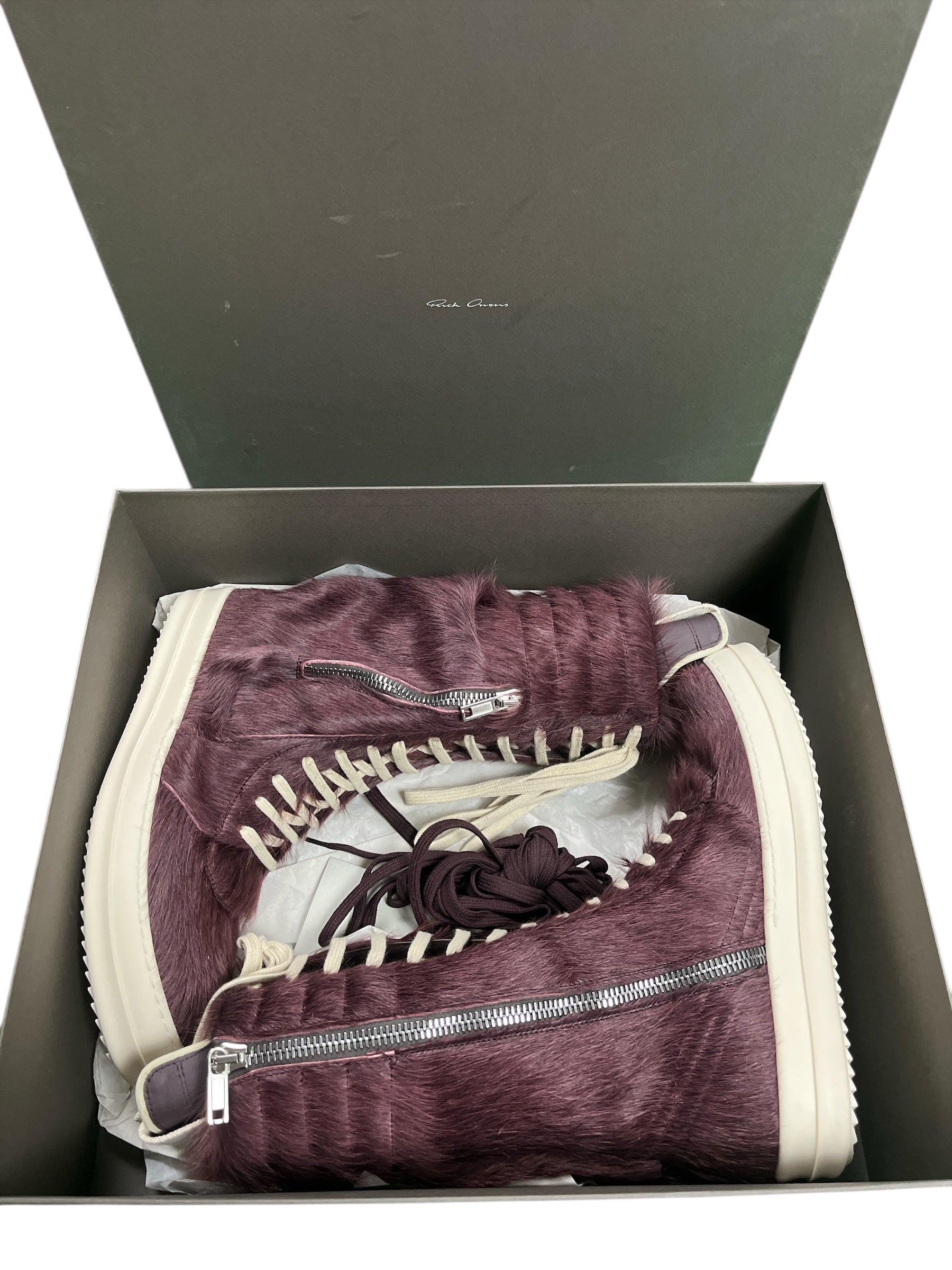 Rick Owens Luxor Amethyst Pony Hair Cargo Geobasket sneakers, showcasing purple pony hair and rugged cargo design on shoes.