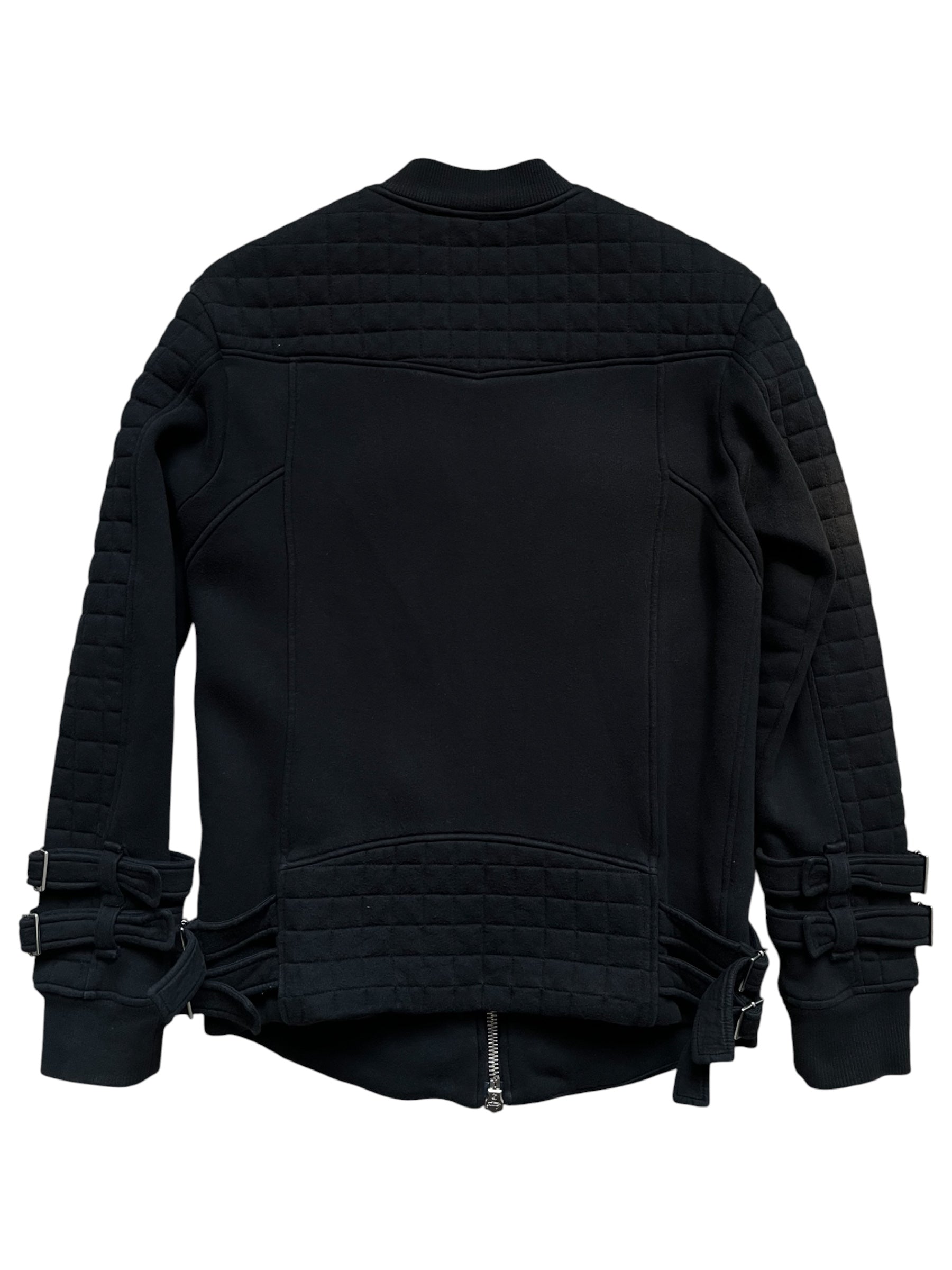 Balmain SS14 Sweater Biker Jacket featuring a stylish, fitted design with textured fabric and zipper details.