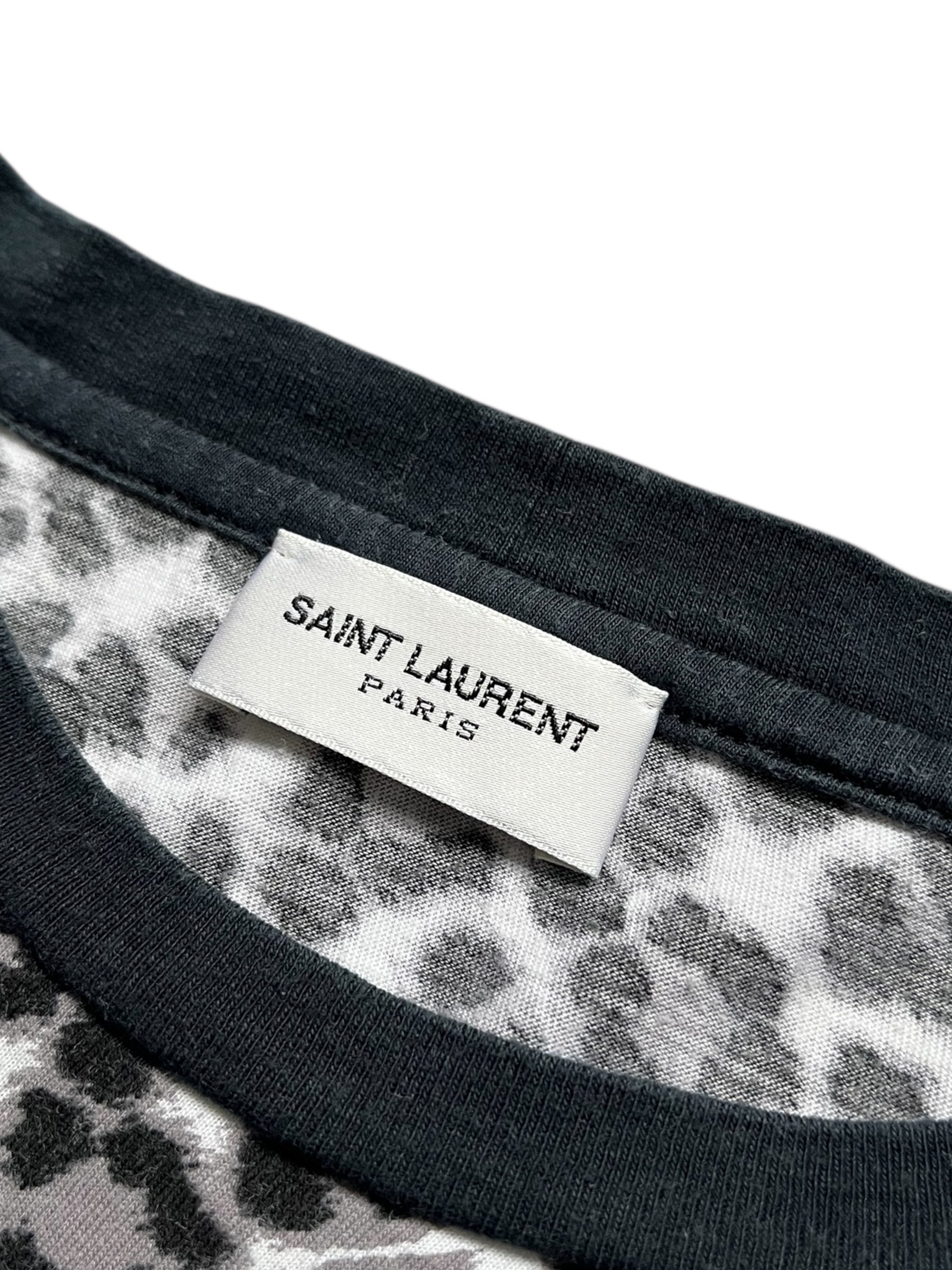 Saint Laurent SS14 cheetah print T-shirt featuring bold animal print and classic crewneck design, front view.