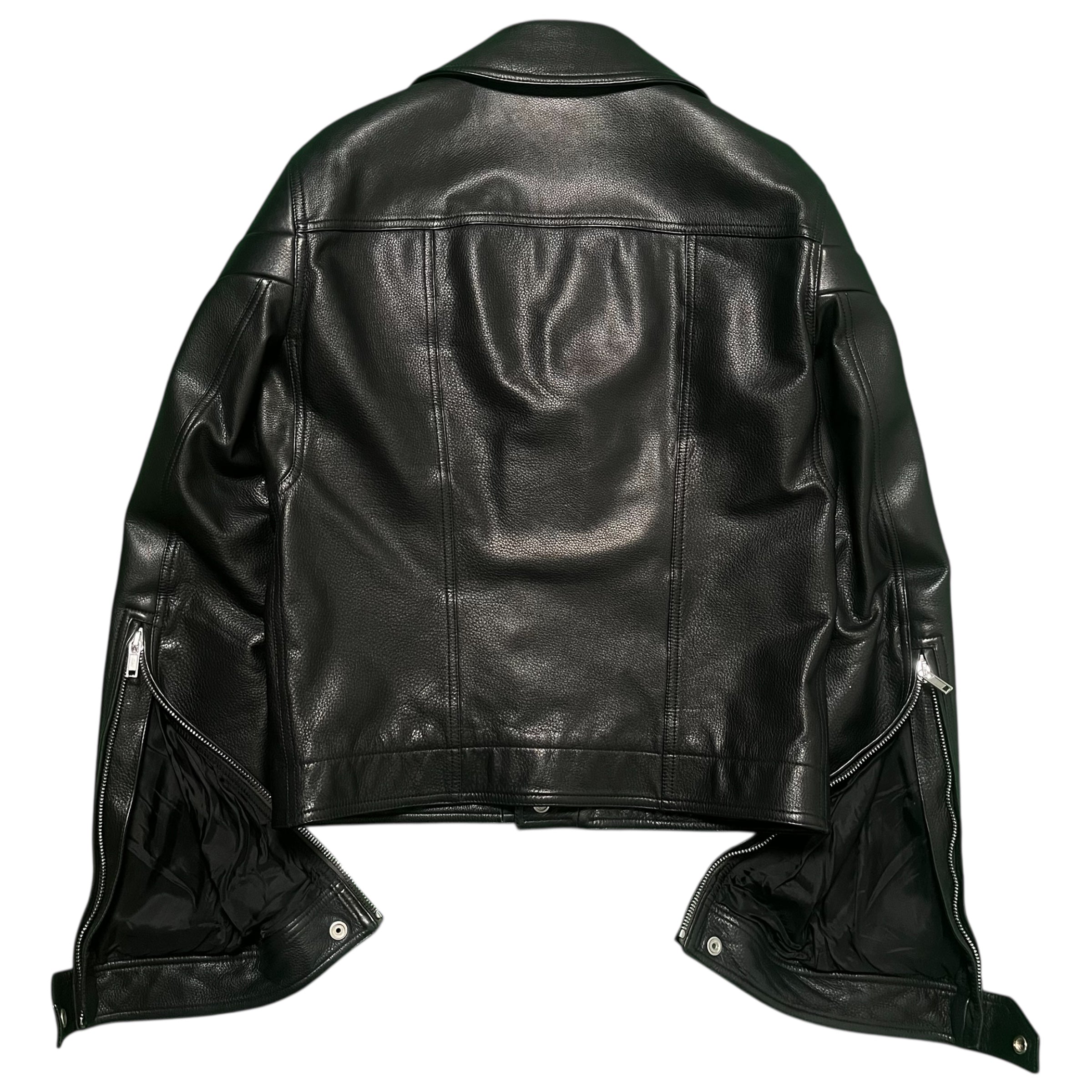 Rick Owens SS21 Phlegethon Stooges biker jacket, black leather with silver hardware, displayed on a hanger.