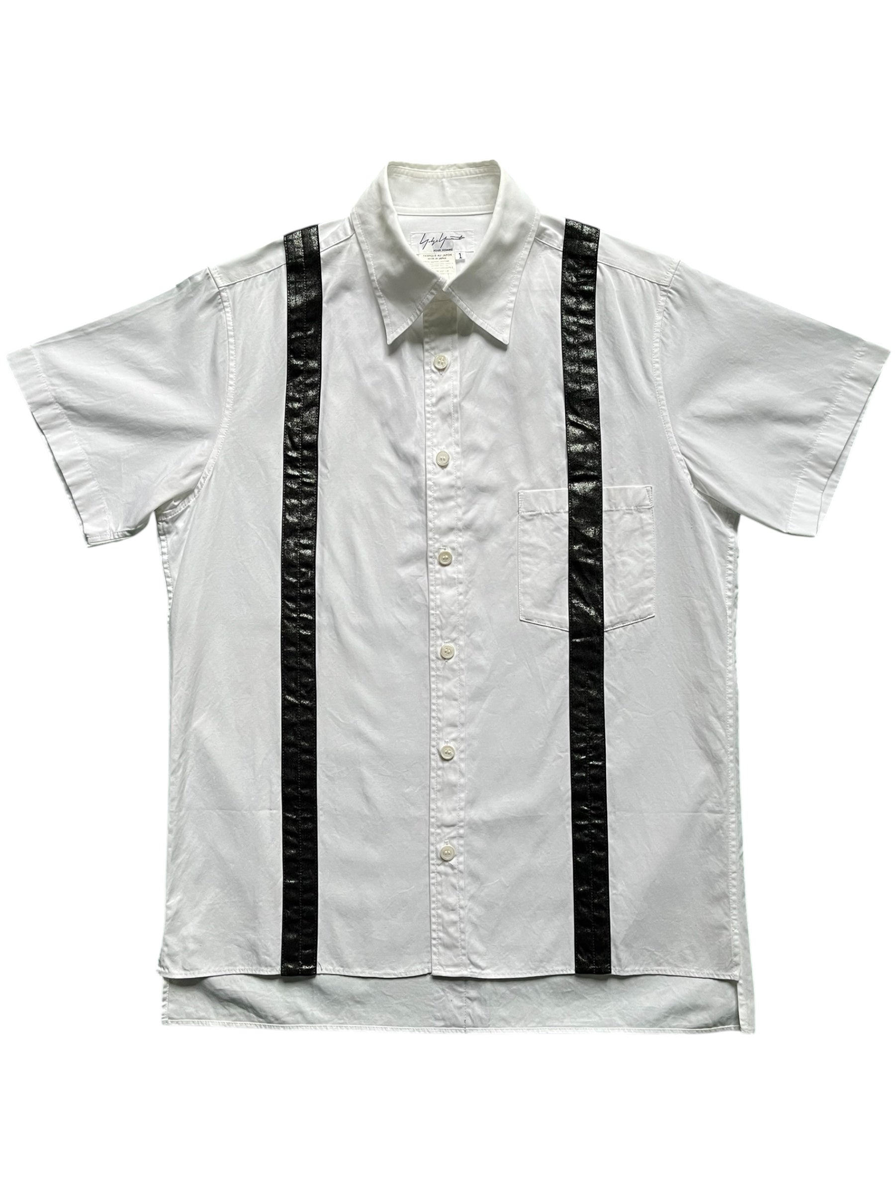 Yohji Yamamoto SS07 Trompe-L’œil suspenders shirt, black with printed suspenders design, front view showing detailed fabric and style.