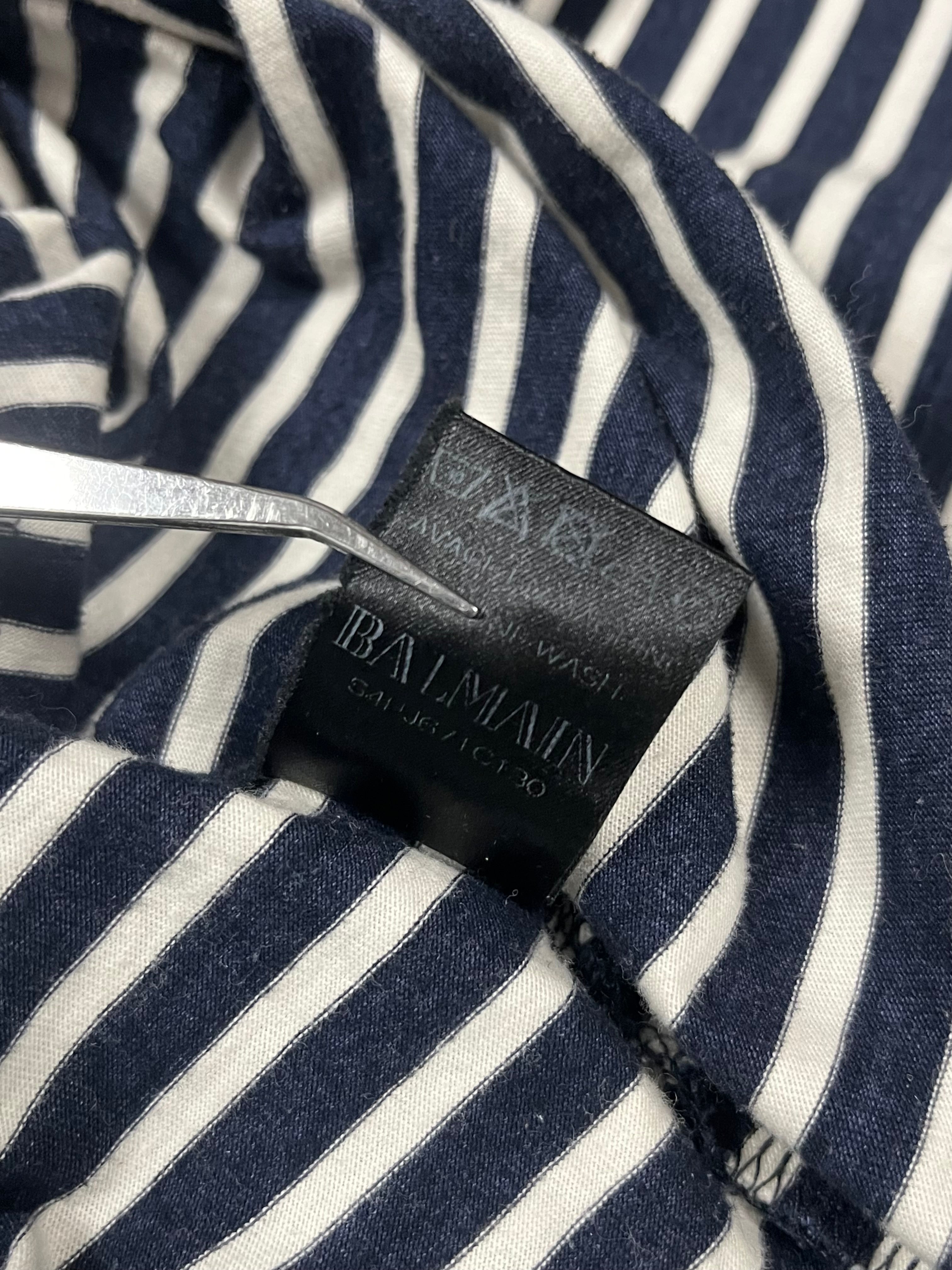Balmain Descarnin Era striped long sleeve T-shirt with red, black, and white horizontal lines, casual fit, and classic crew neckline.