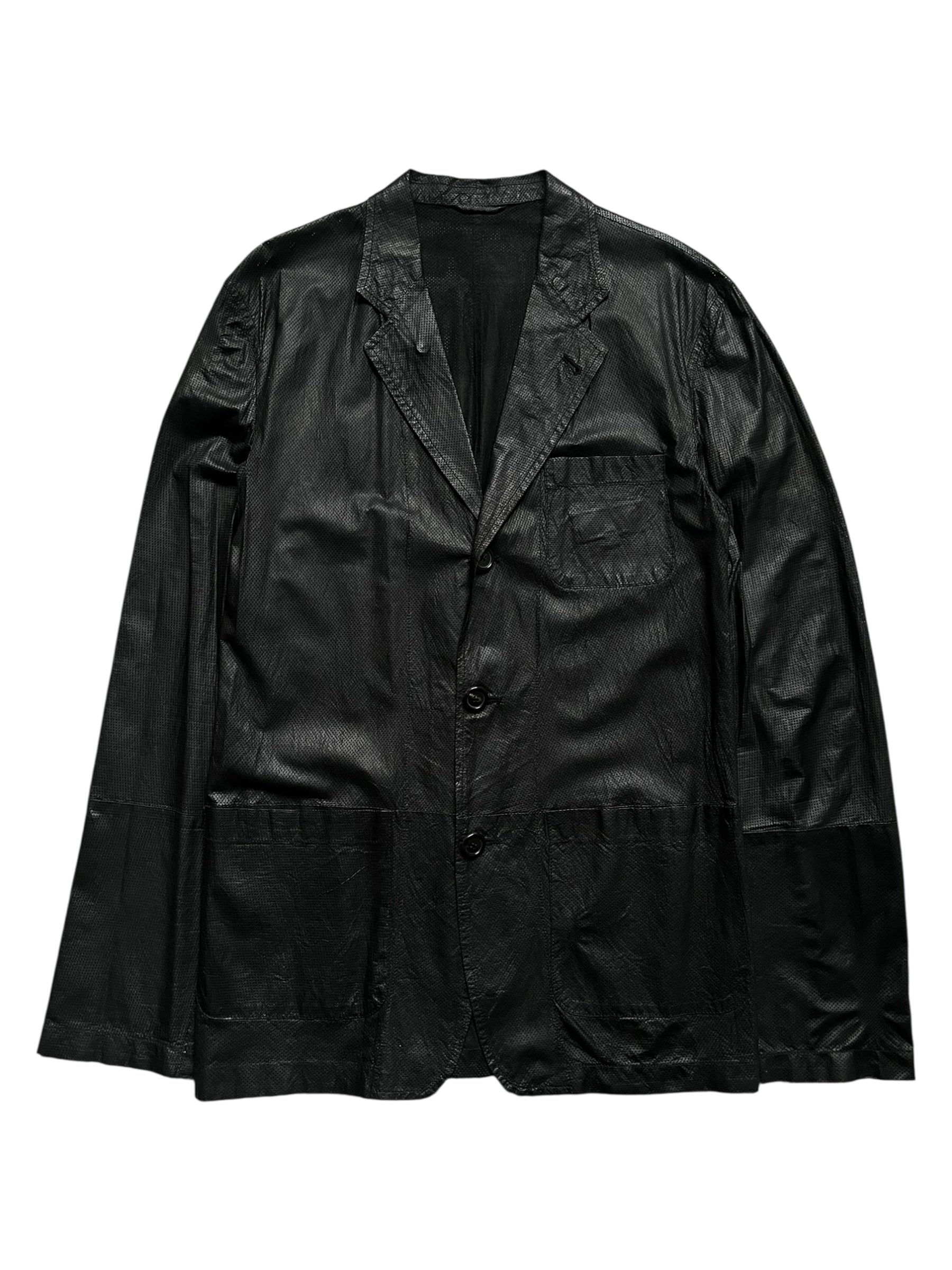 Ann Demeulemeester perforated lambskin blazer with tailored fit and stylish design, showcased on a hanger.