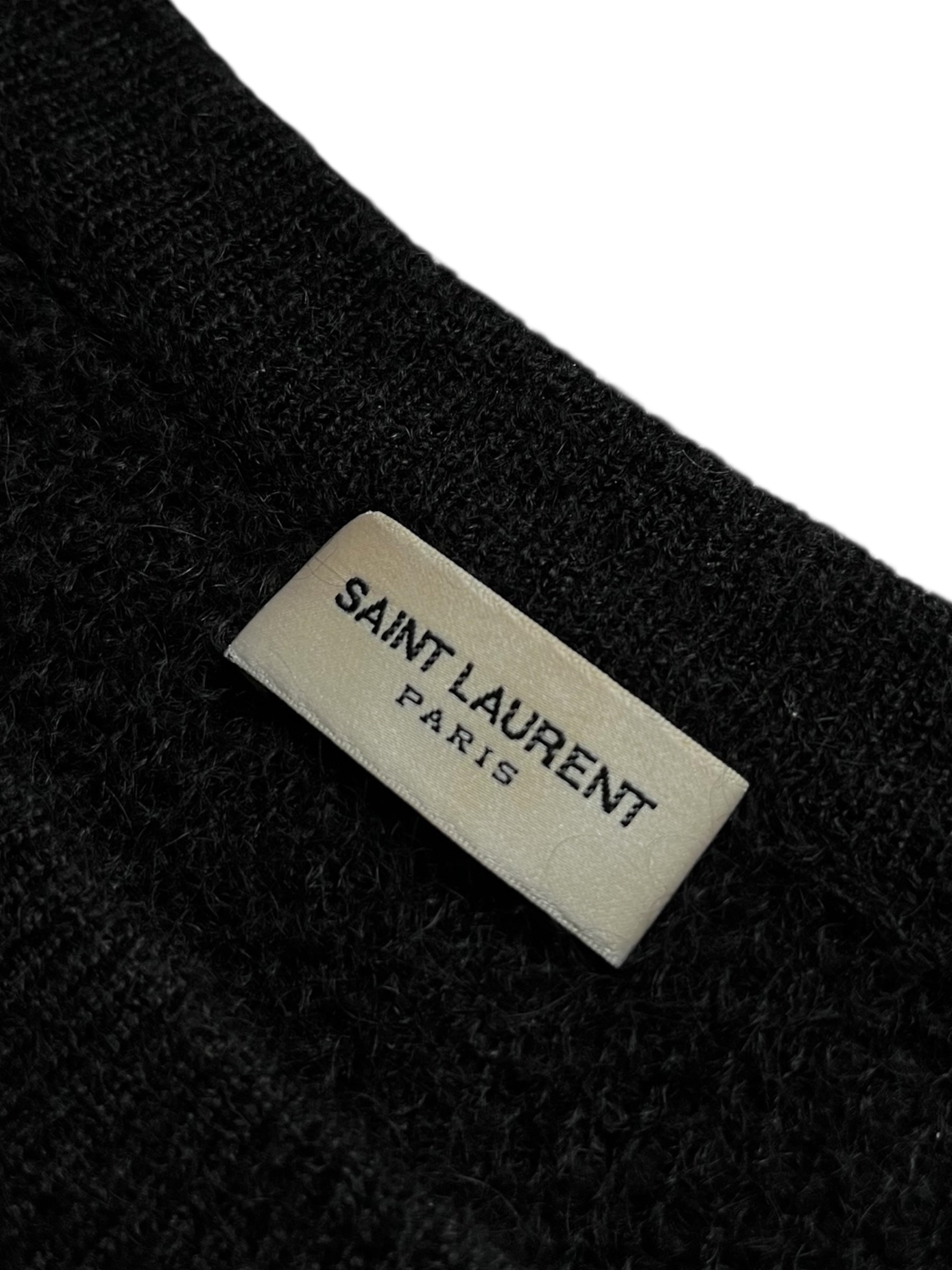 Saint Laurent AW13 striped mohair knit sweater with a cozy, textured pattern in soft colors, shown on a mannequin.