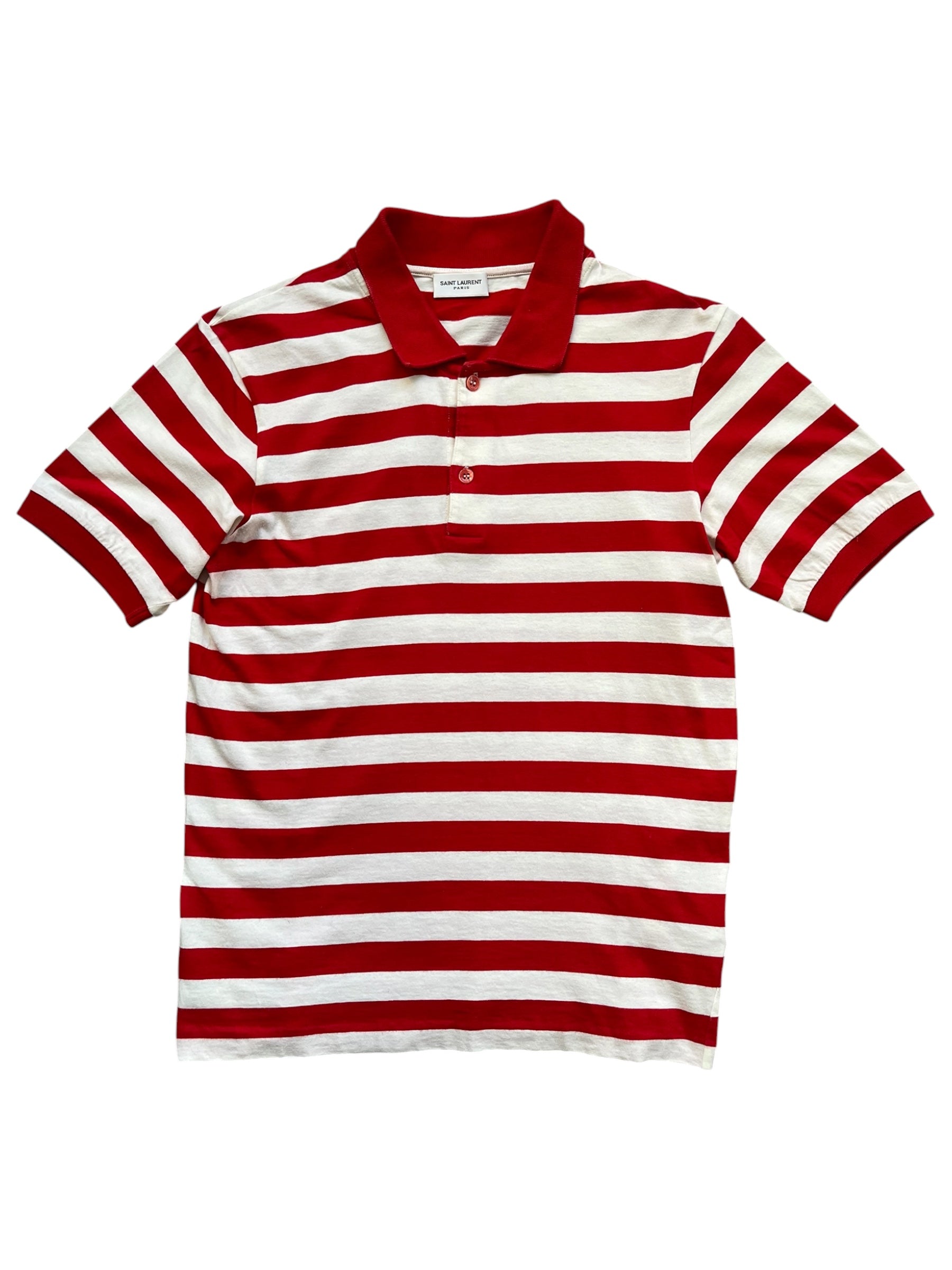 Saint Laurent SS14 striped polo shirt, men's casual polo with blue and white stripes, classic collar and short sleeves.