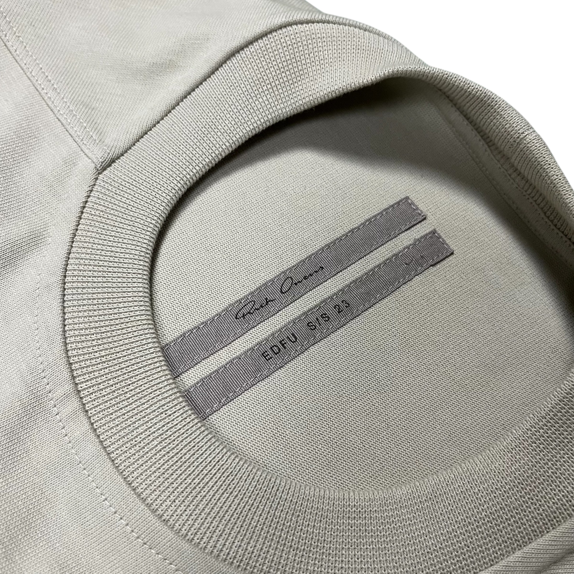 Rick Owens SS23 EDFU T-shirt, black cotton short-sleeve tee with logo detail, casual streetwear style.
