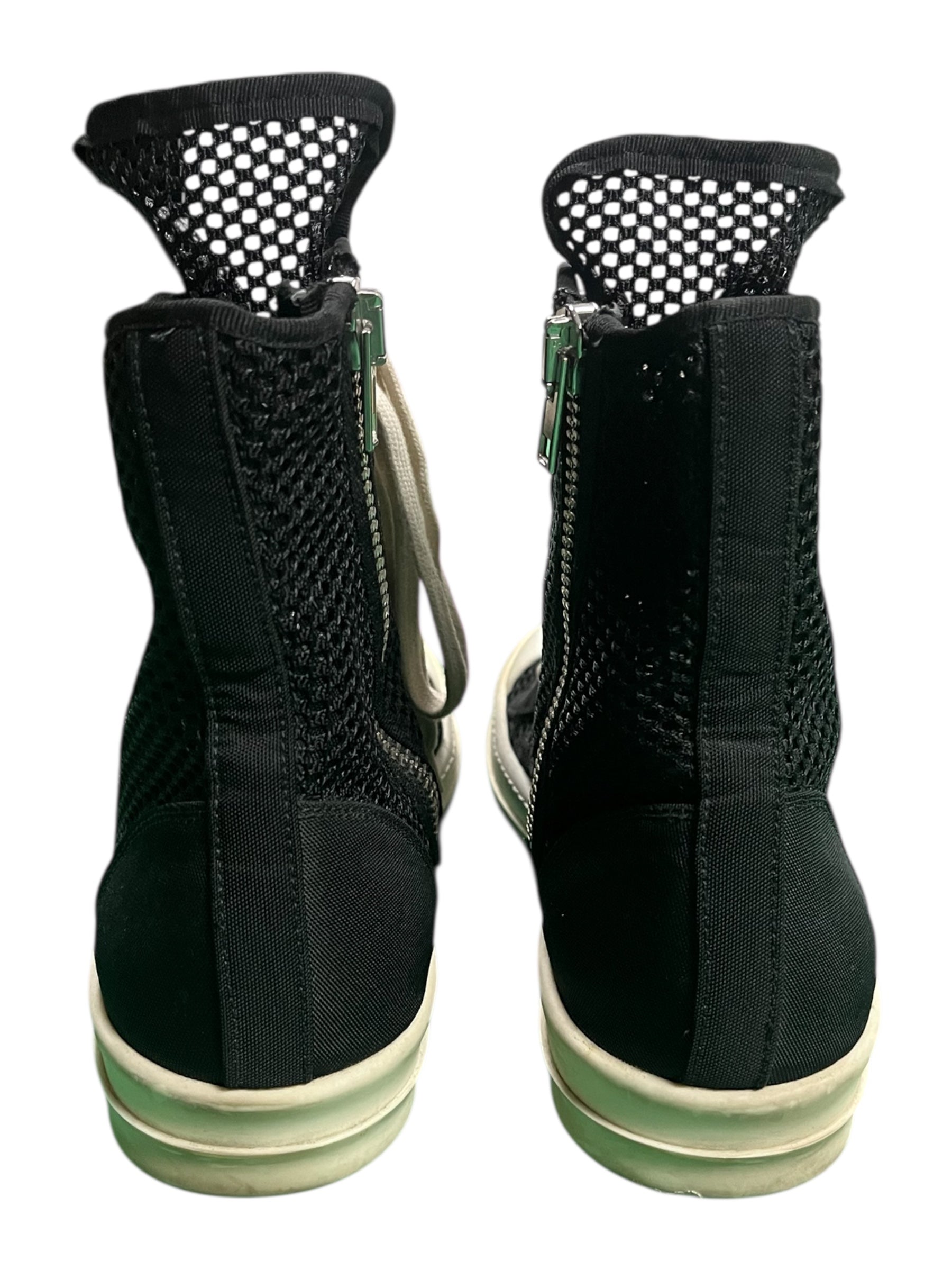 Rick Owens SS14 DRKSHDW Mesh Ramone Sneakers, black shoes with mesh detailing and chunky sole, displayed on a white background.