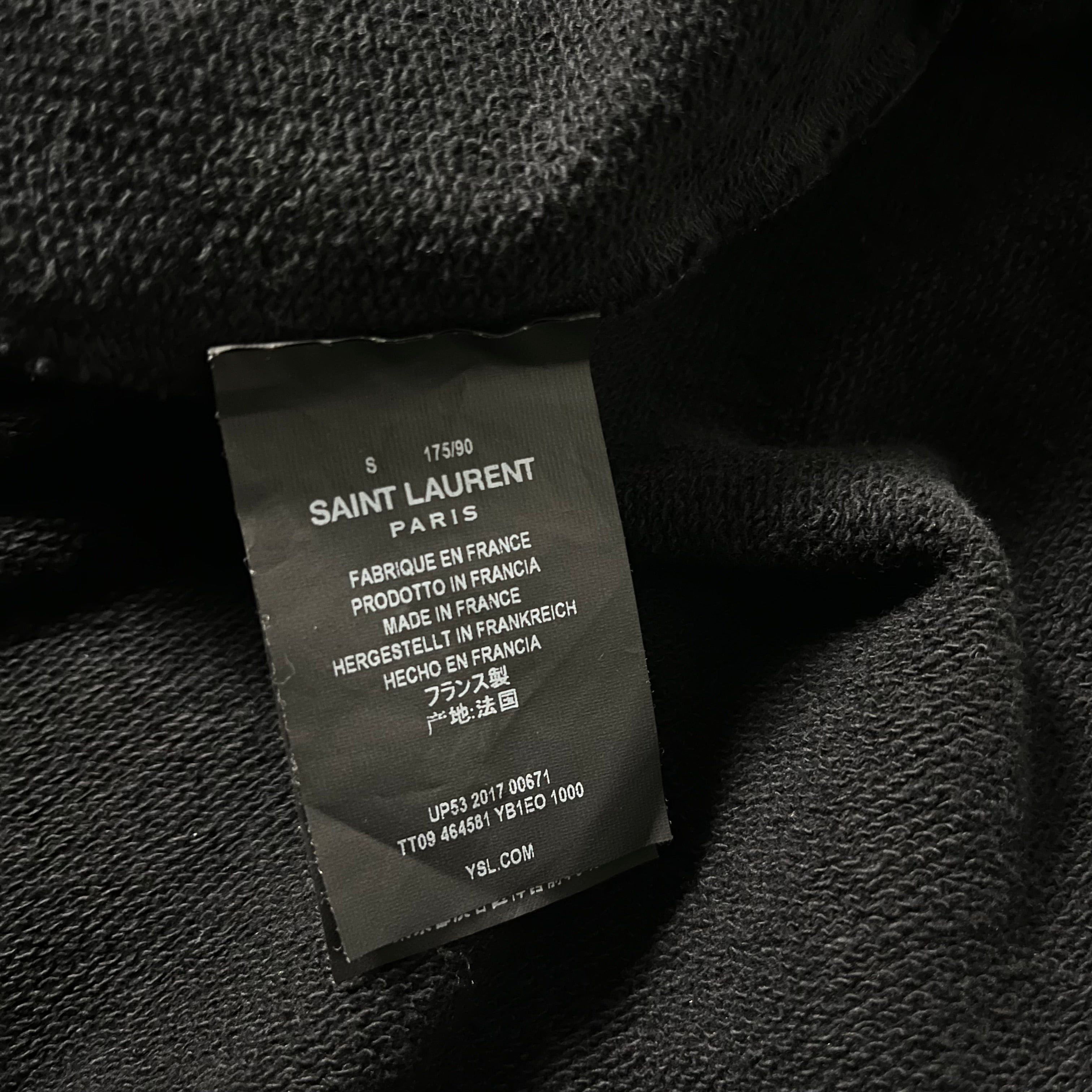 Saint Laurent SS17 small logo hoodie, black cotton hoodie with front logo print, casual streetwear style.