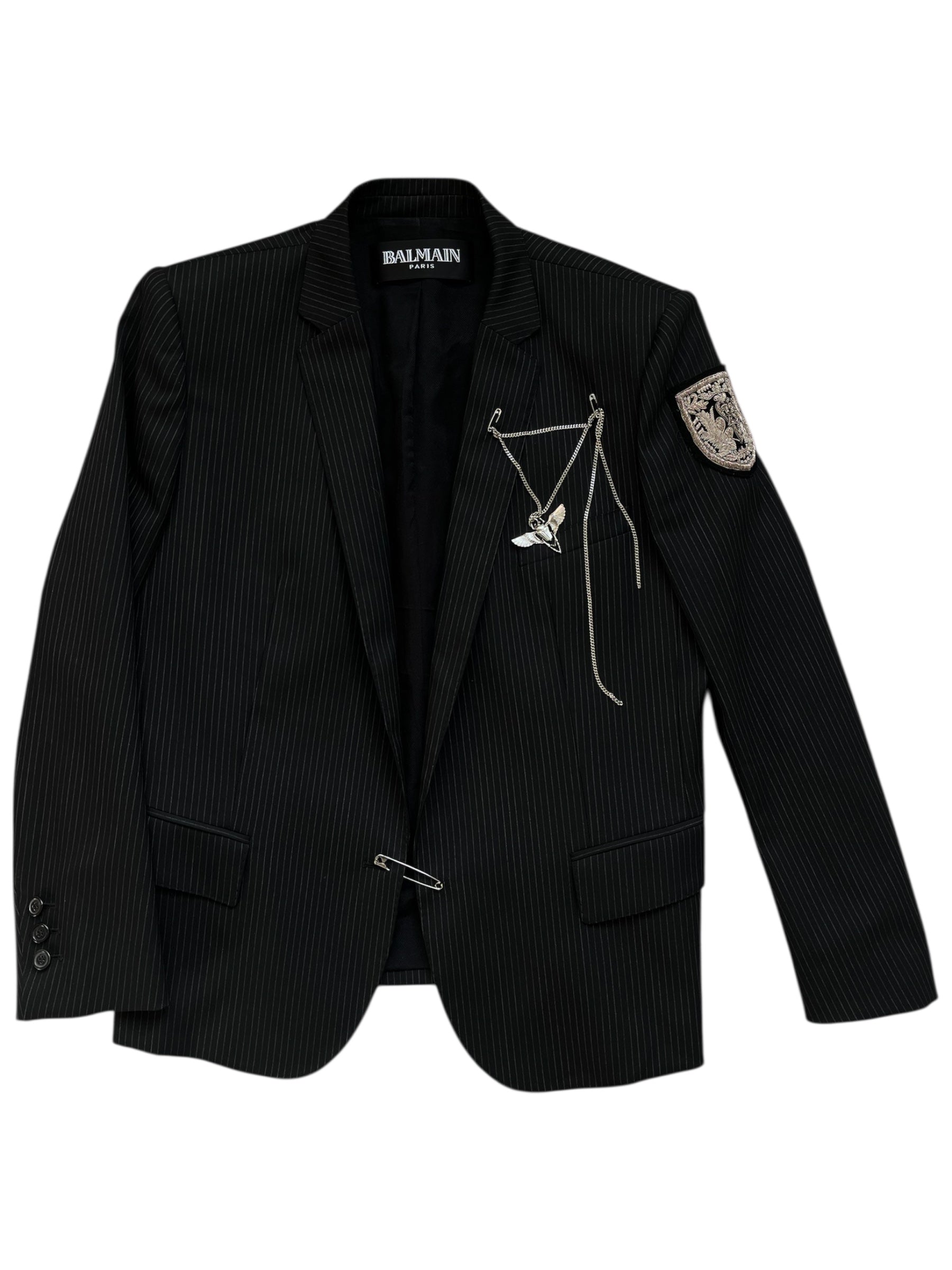 Balmain SS11 Scarab Medal blazer jacket with gold details, tailored fit, and classic lapel, shown on a hanger.