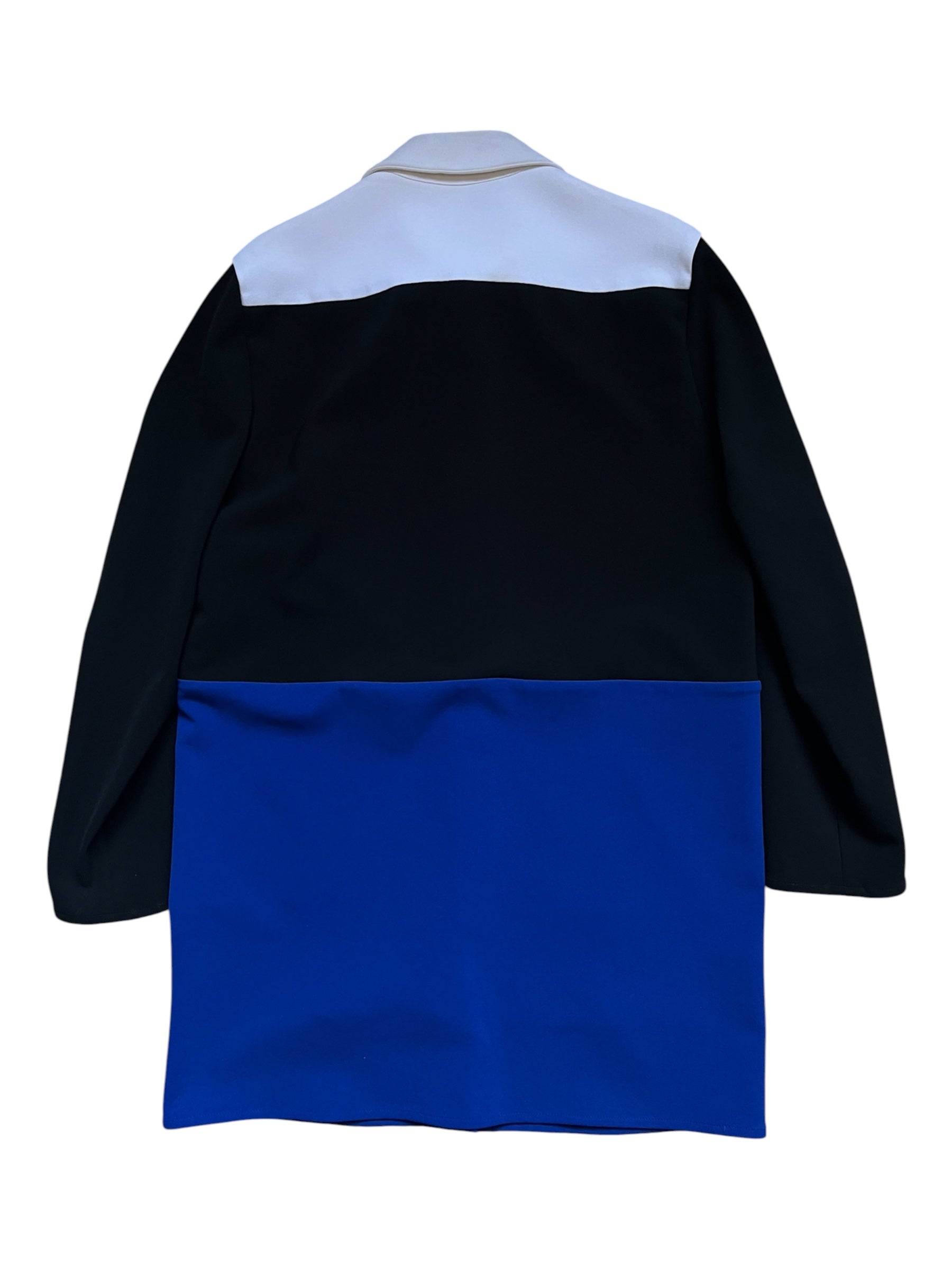 Raf Simons SS14 tri-color athletic long coat with bold color blocks and sporty design, shown on a model.