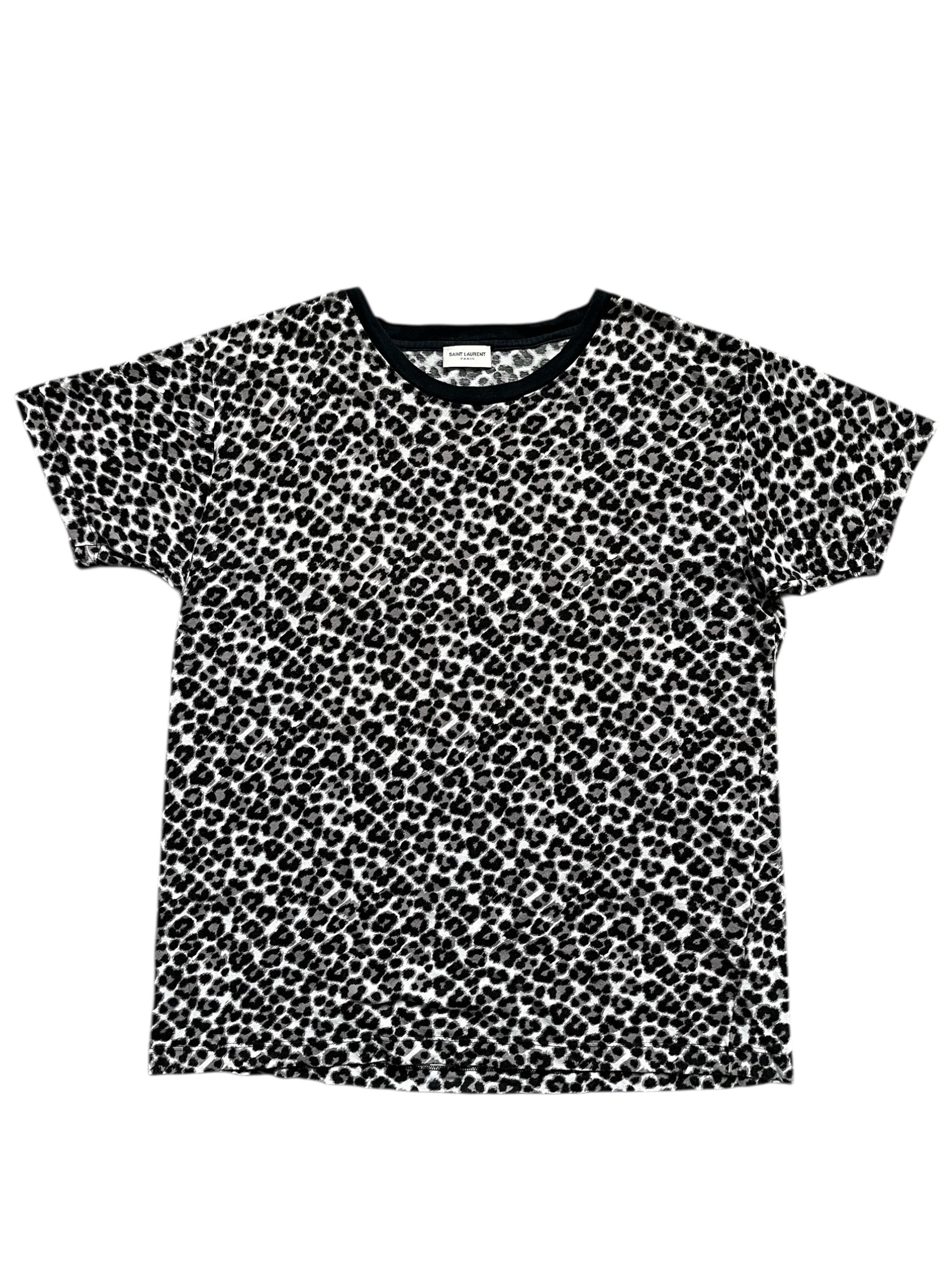 Saint Laurent SS14 cheetah print T-shirt featuring a bold animal pattern on soft fabric.