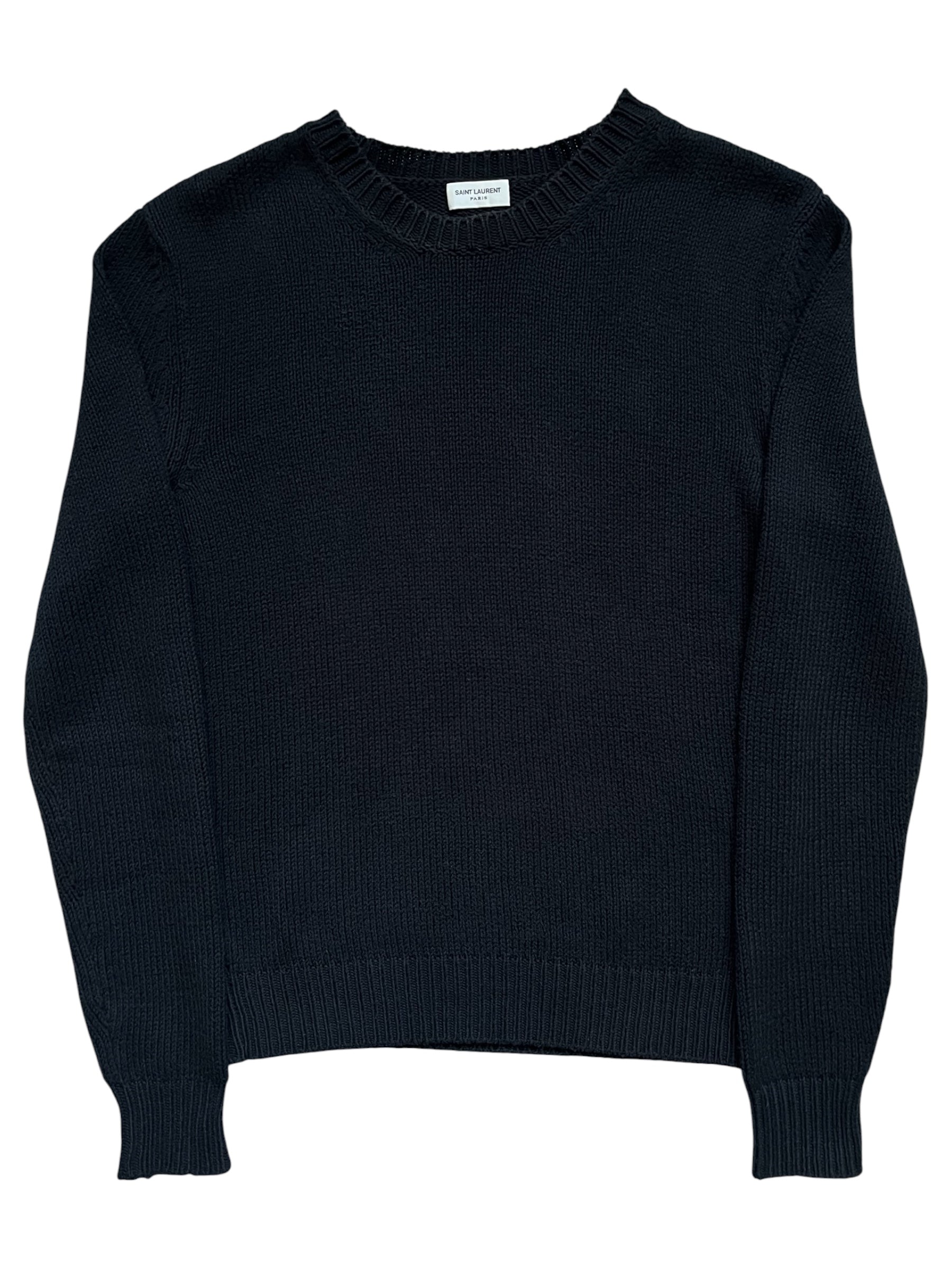 Saint Laurent SS16 black knit sweater, close-up of the soft, fitted knit fabric with subtle stitching details.