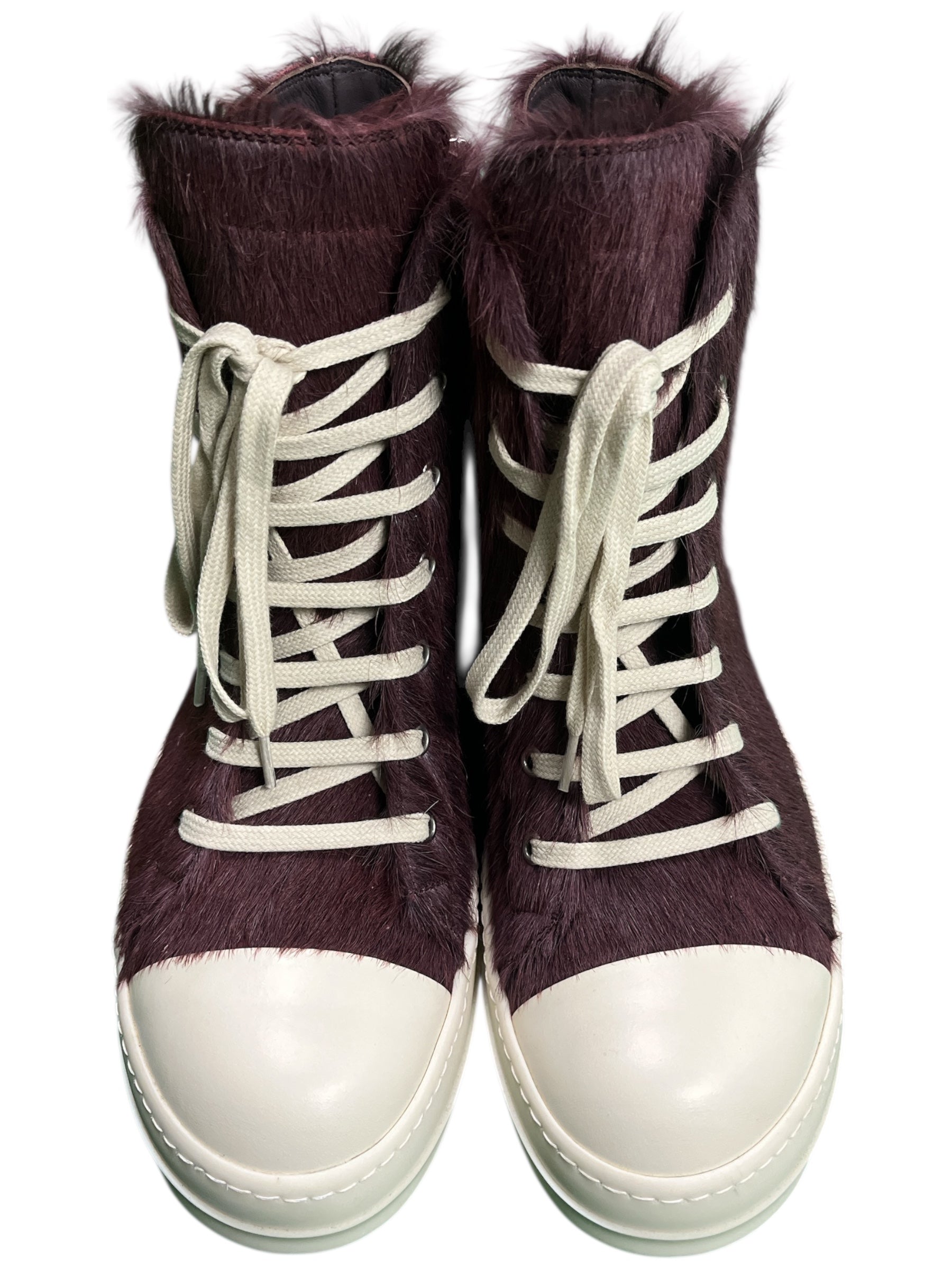 Rick Owens FW23 Luxor Amethyst Pony Hair Ramone Sneakers with sleek shoe design and purple pony hair details.