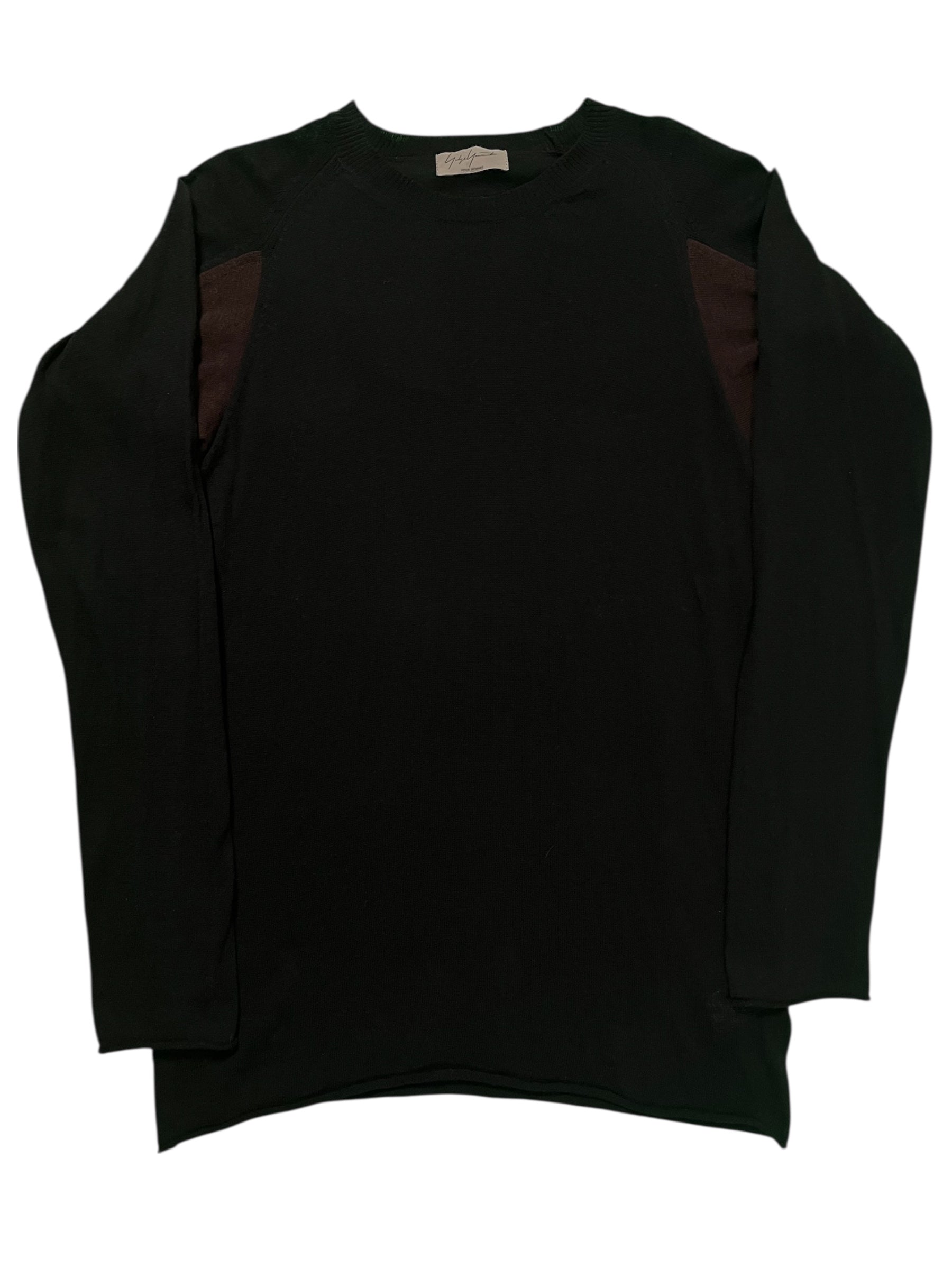 Yohji Yamamoto AW03 raglan knit long sleeve sweater in black with contrasting sleeves and textured knit details.