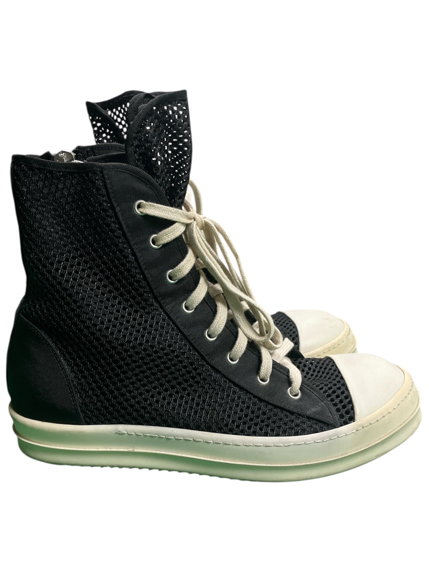 Rick Owens SS14 DRKSHDW Mesh Ramone sneakers with black mesh upper and chunky sole, showcasing modern, streetwear-inspired shoes.