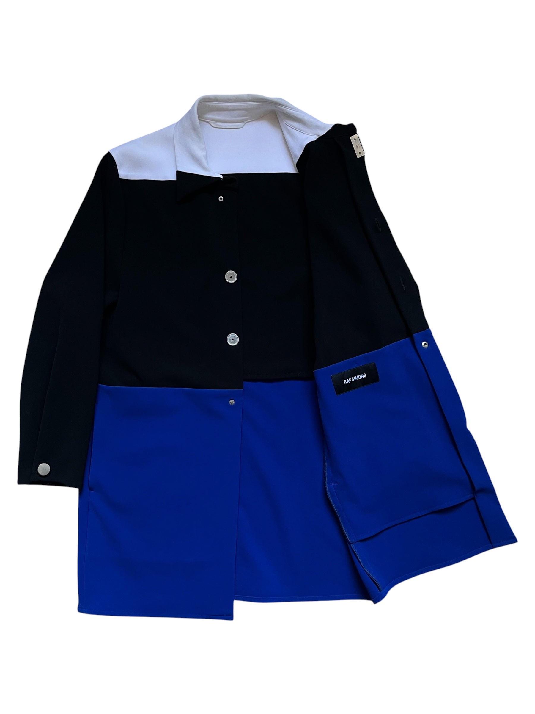 Raf Simons SS14 tri-color athletic long coat featuring a sleek design with contrasting color blocks and a modern silhouette.