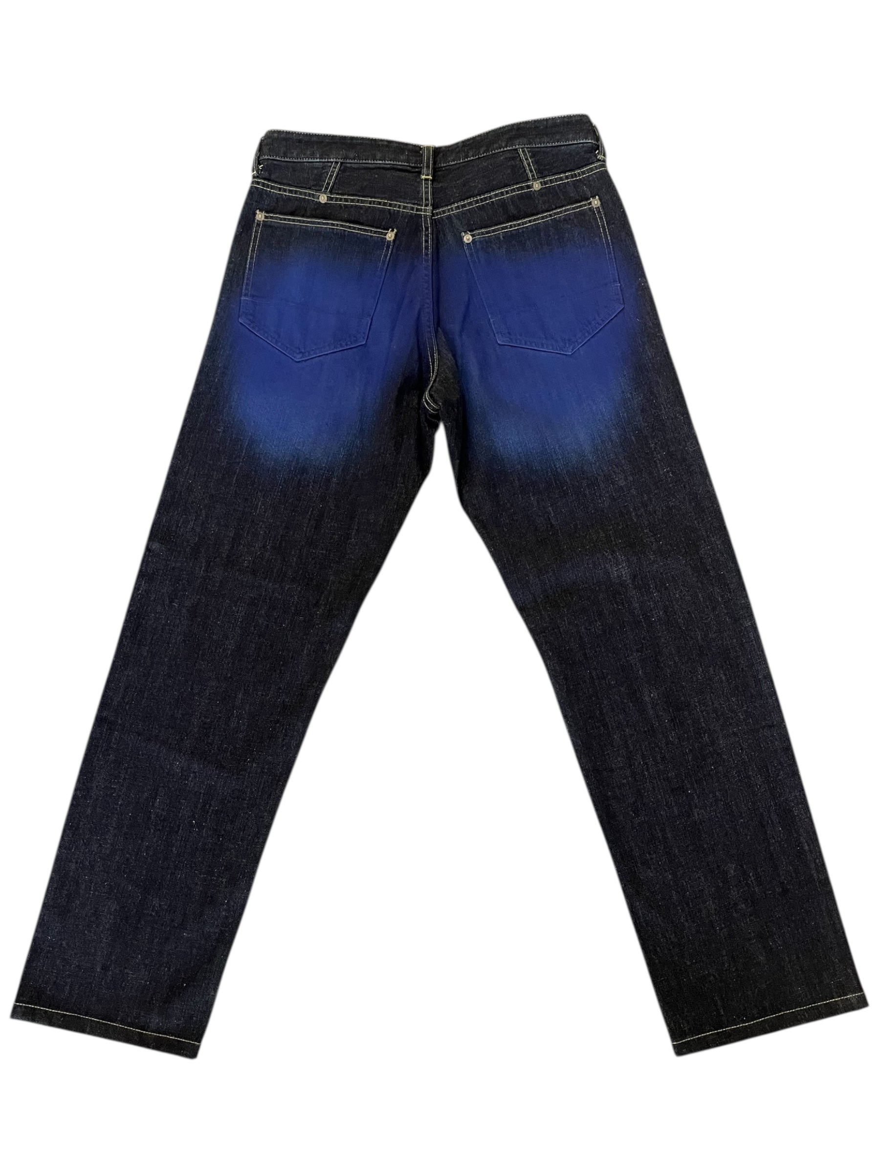 Issey Miyake SS05 Runway Blue Painted Denim pants with vibrant blue painted denim fabric and modern, slim-fit design.