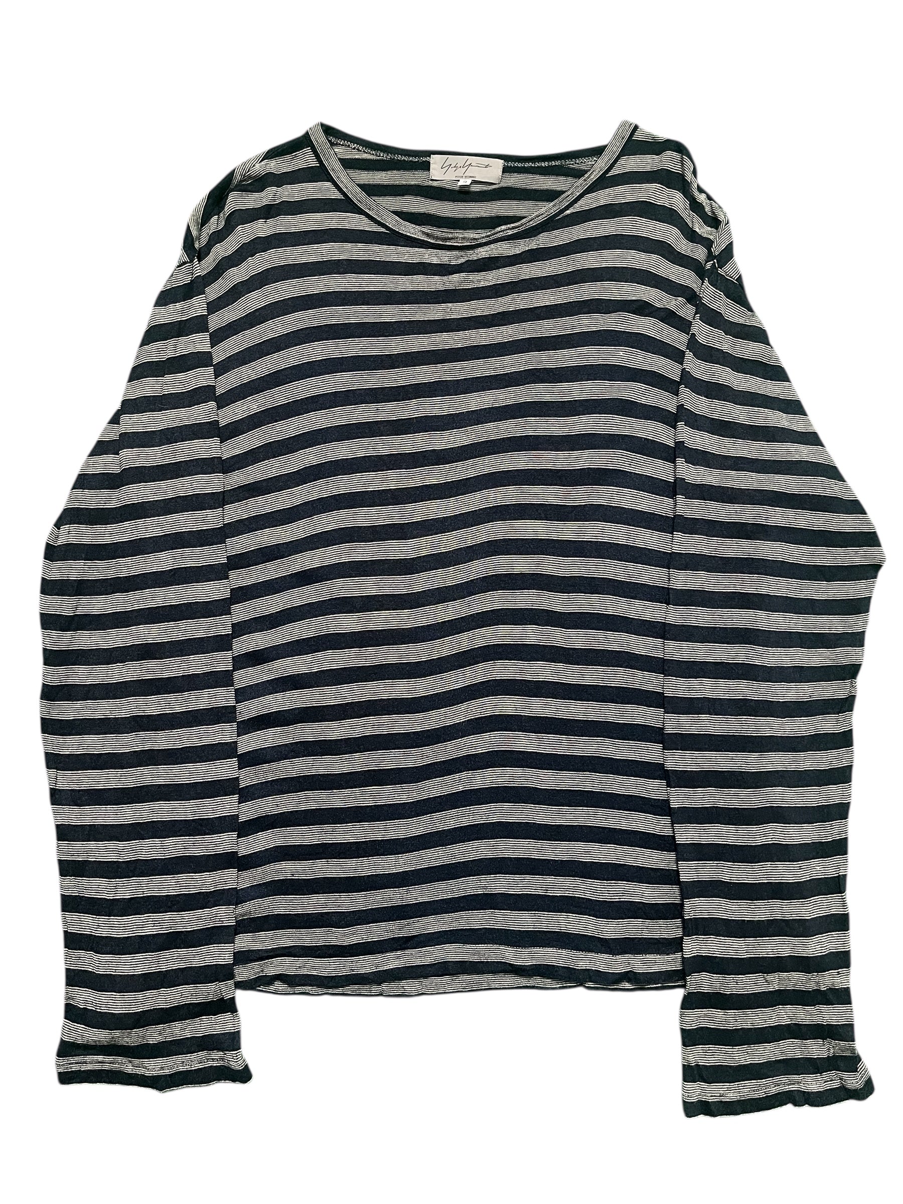 Yohji Yamamoto striped long sleeve T-shirt with black and white horizontal stripes, casual and stylish design.