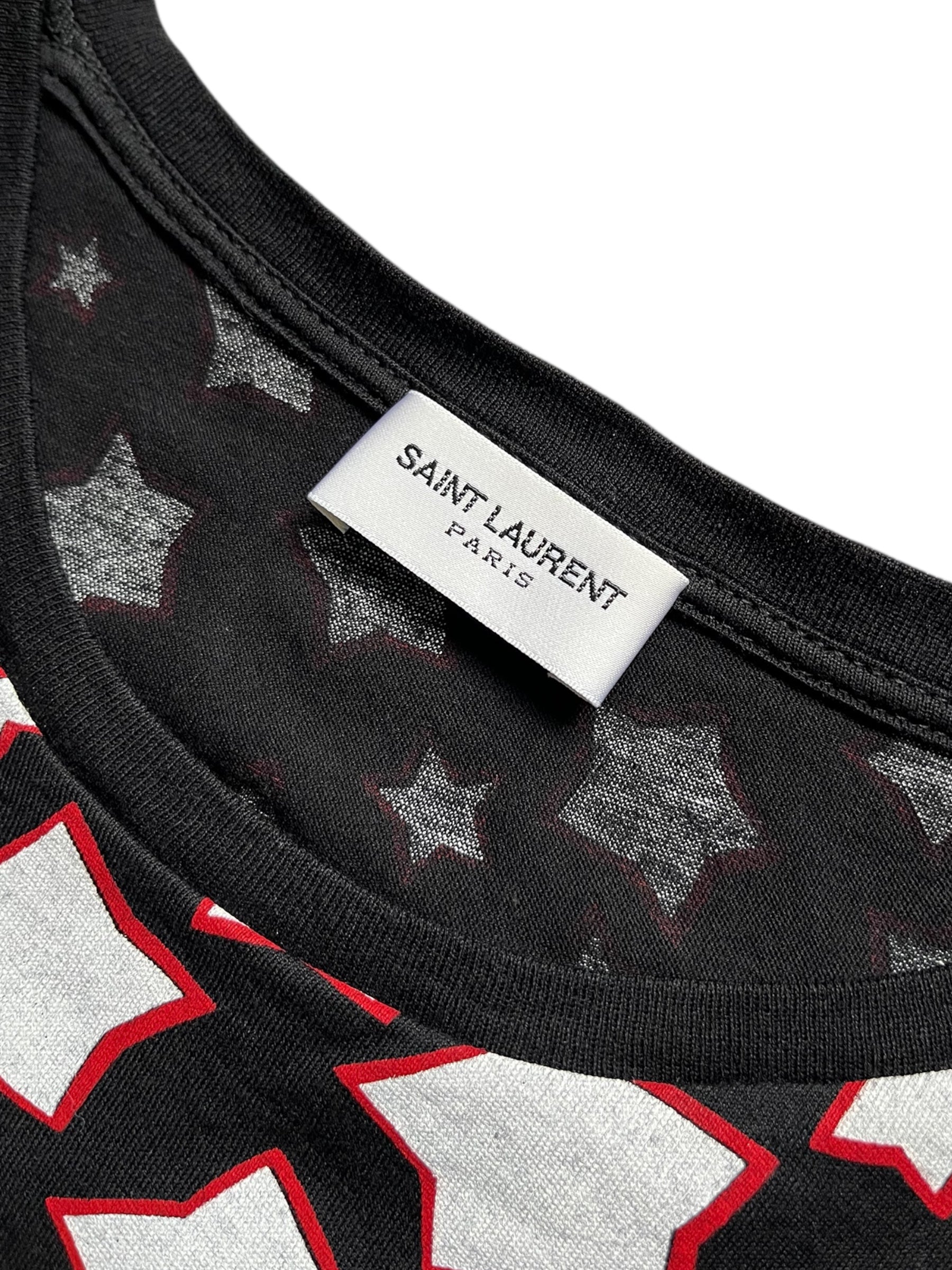 Saint Laurent SS14 black star T-shirt with crew neck and short sleeves, featuring a bold star graphic on the front.