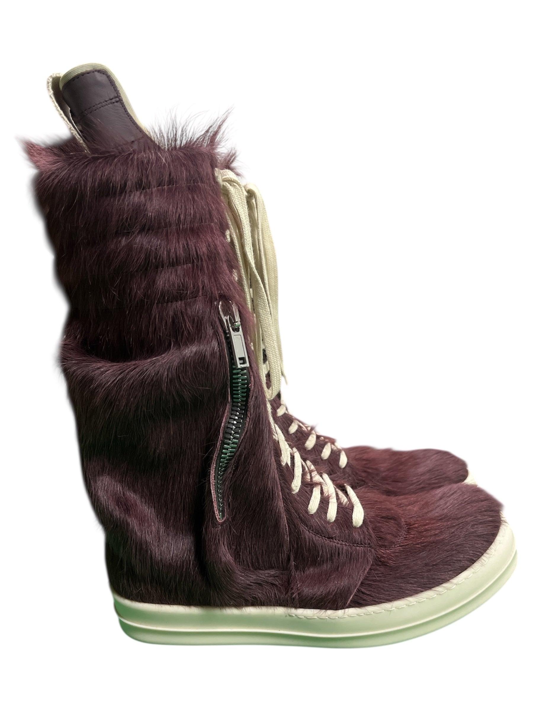 Rick Owens FW23 Luxor Amethyst Pony Hair Cargo Geobasket Sneakers showing purple pony hair texture and cargo-style design.