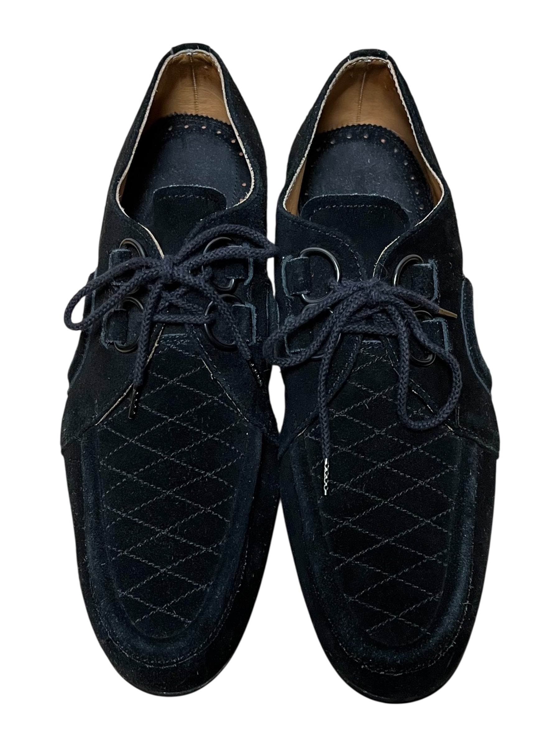 Number (N)ine AW04 "Give Peace A Chance" quilted suede derby shoes, featuring a stylish design with quilted suede material.