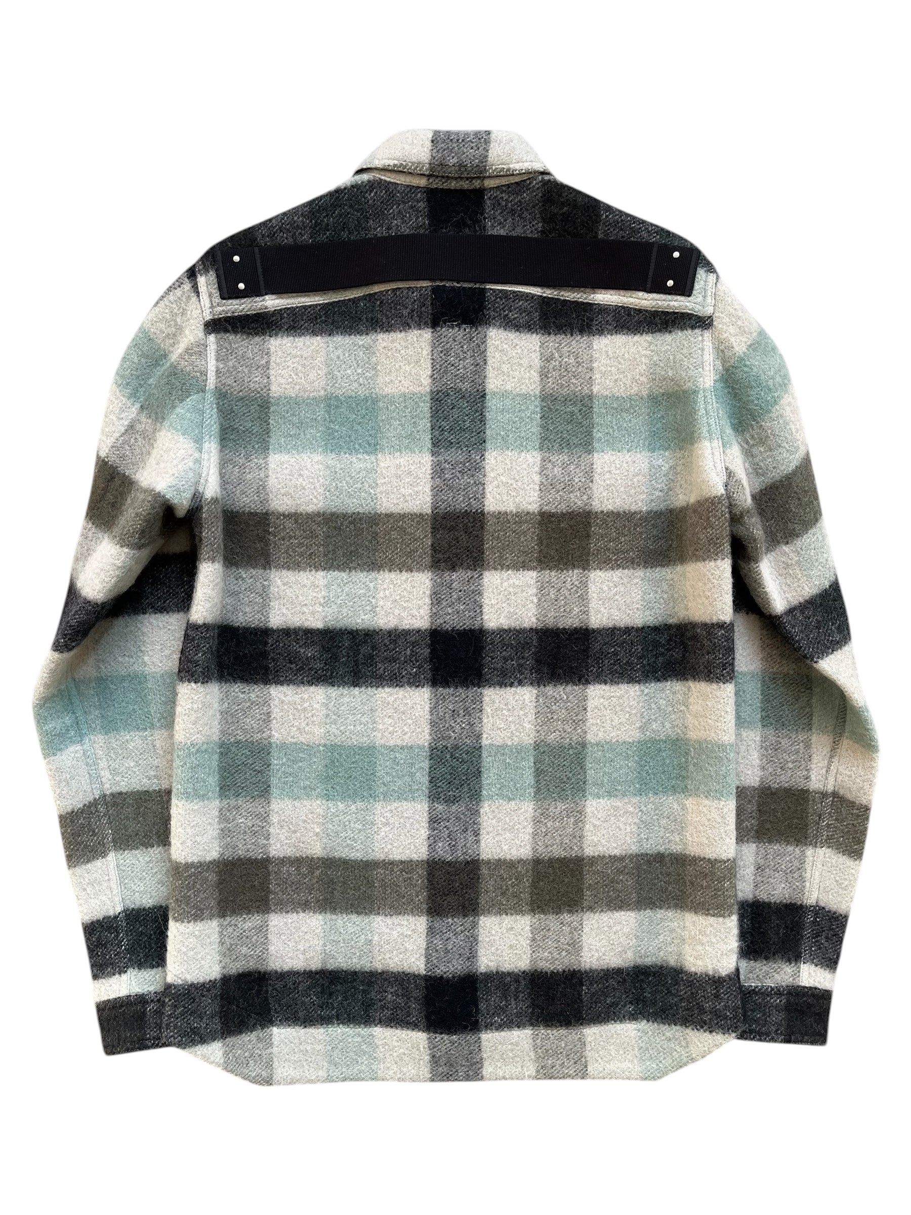 Rick Owens FW22 Strobe Pearl Plaid Alpaca Overshirt jacket with plaid pattern and plush fabric, displayed on a hanger.