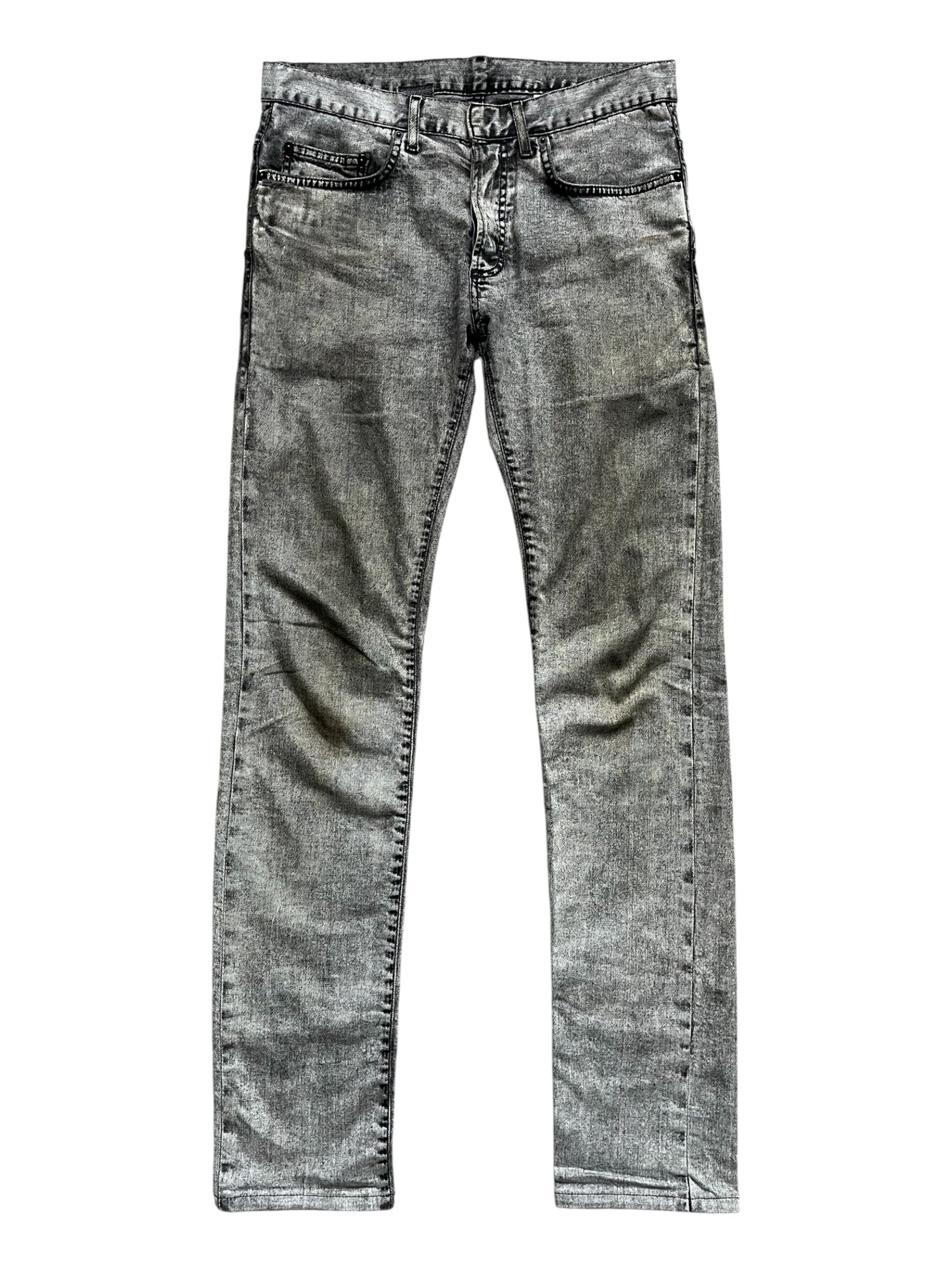 Dior SS15 acid wash slim fit denim pants with distressed detailing and classic five-pocket design.