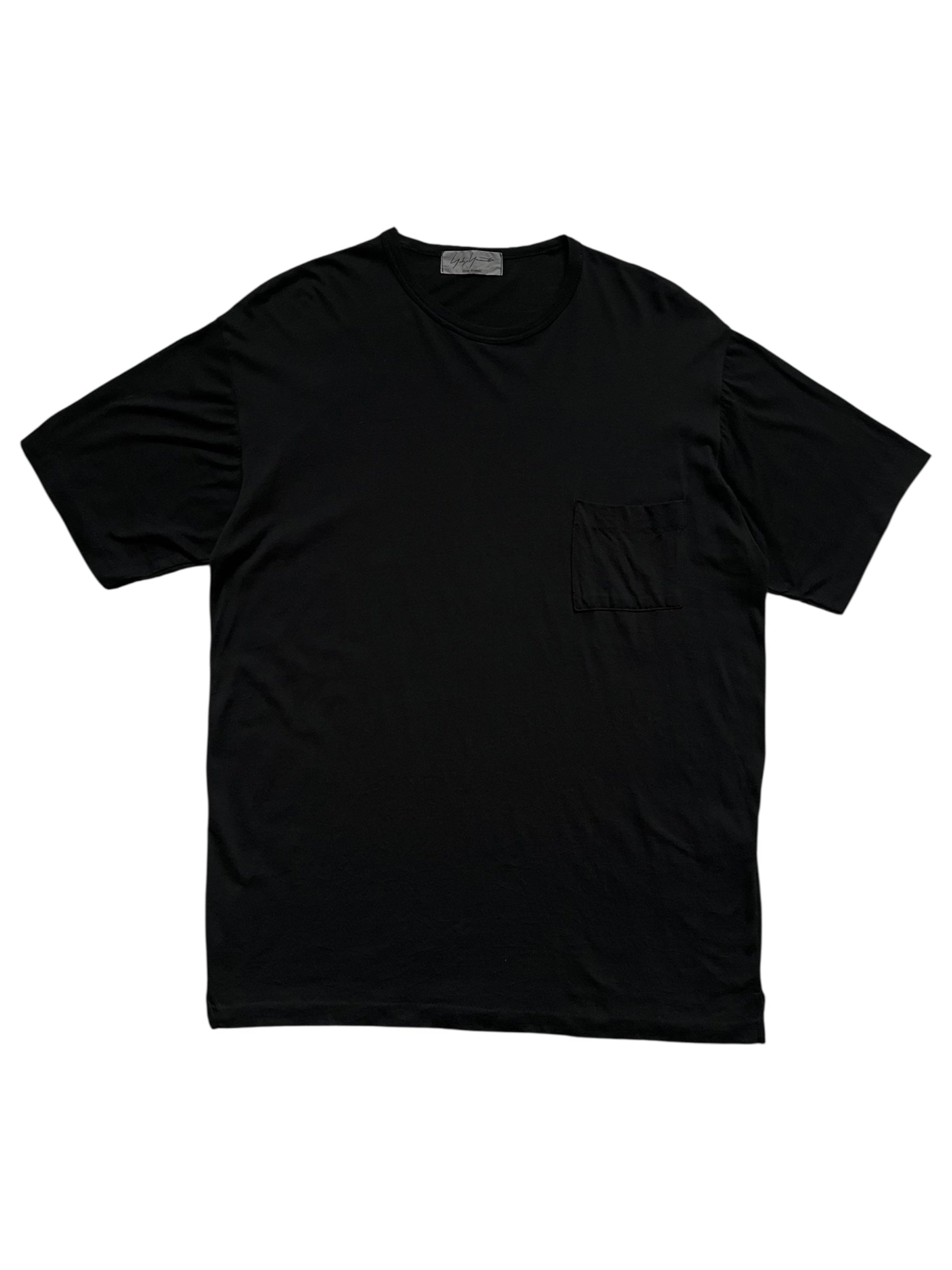 Black Yohji Yamamoto pocket T-shirt with a simple design, featuring a chest pocket and casual fit.
