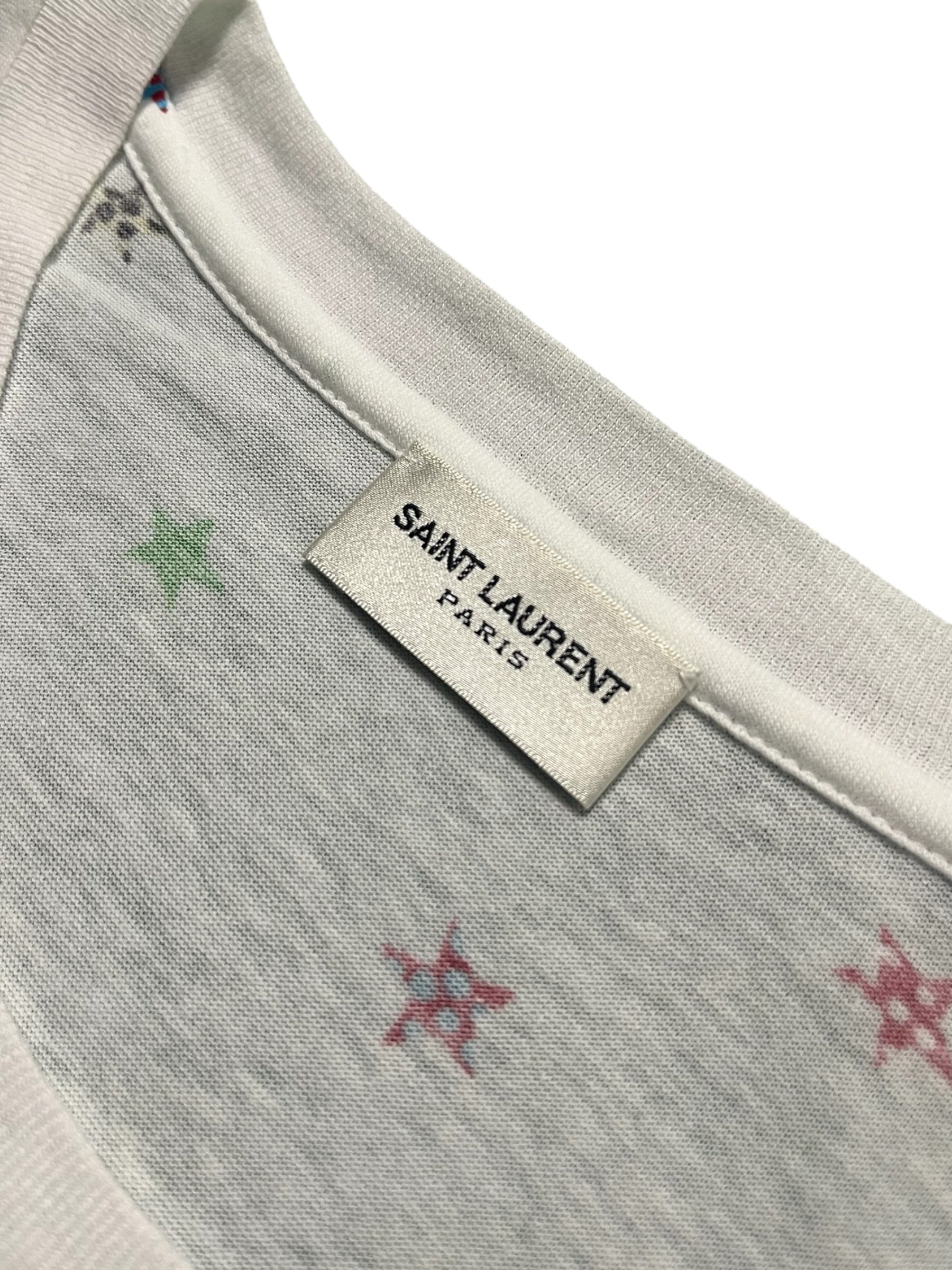 Saint Laurent SS19 multi-star T-shirt featuring colorful star graphics on a casual cotton tee.