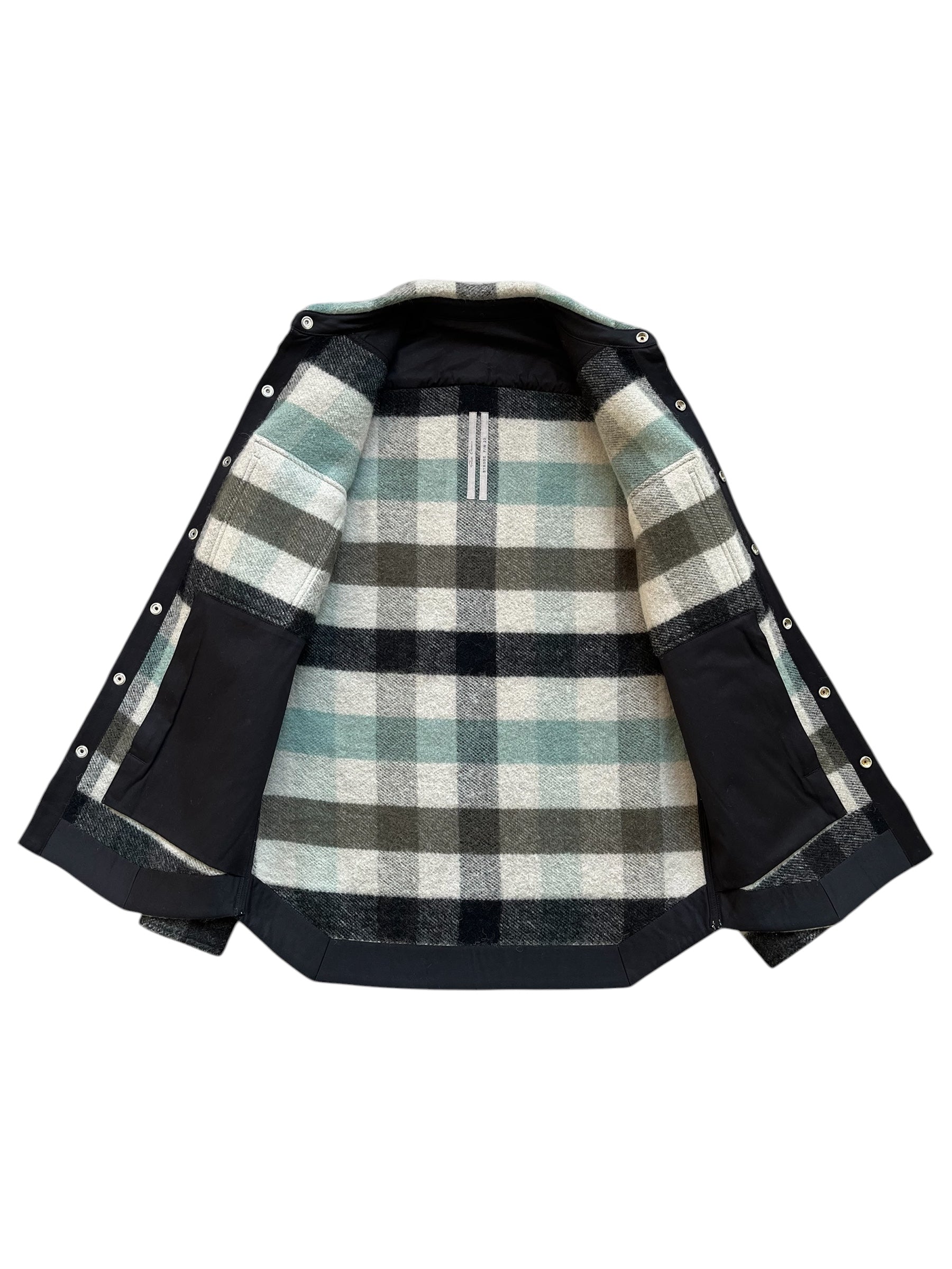 Rick Owens FW22 Strobe Pearl Plaid Alpaca Overshirt jacket with plaid pattern and plush texture, displayed on a hanger.