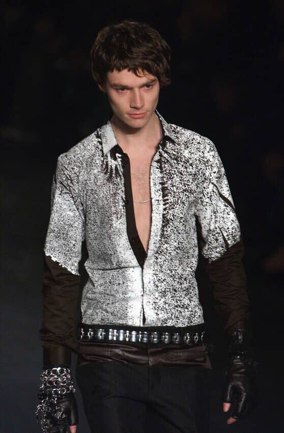 Dior AW03 Luster painted shirt featuring a colorful, artistic design with a classic fit and button-front closure.