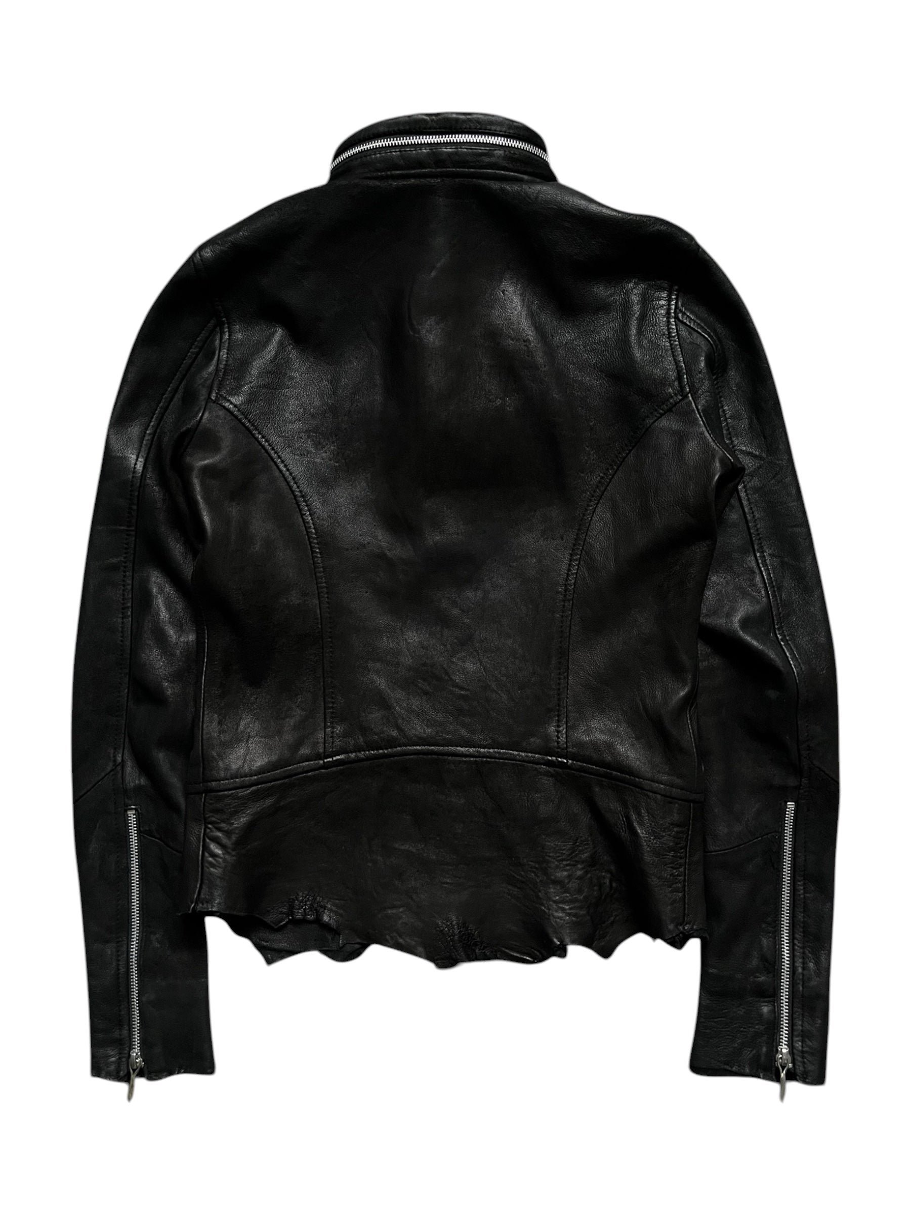 Black sheepskin jacket with cross-zip design from 14th Addiction, featuring a stylish, textured leather exterior and front zipper closure.