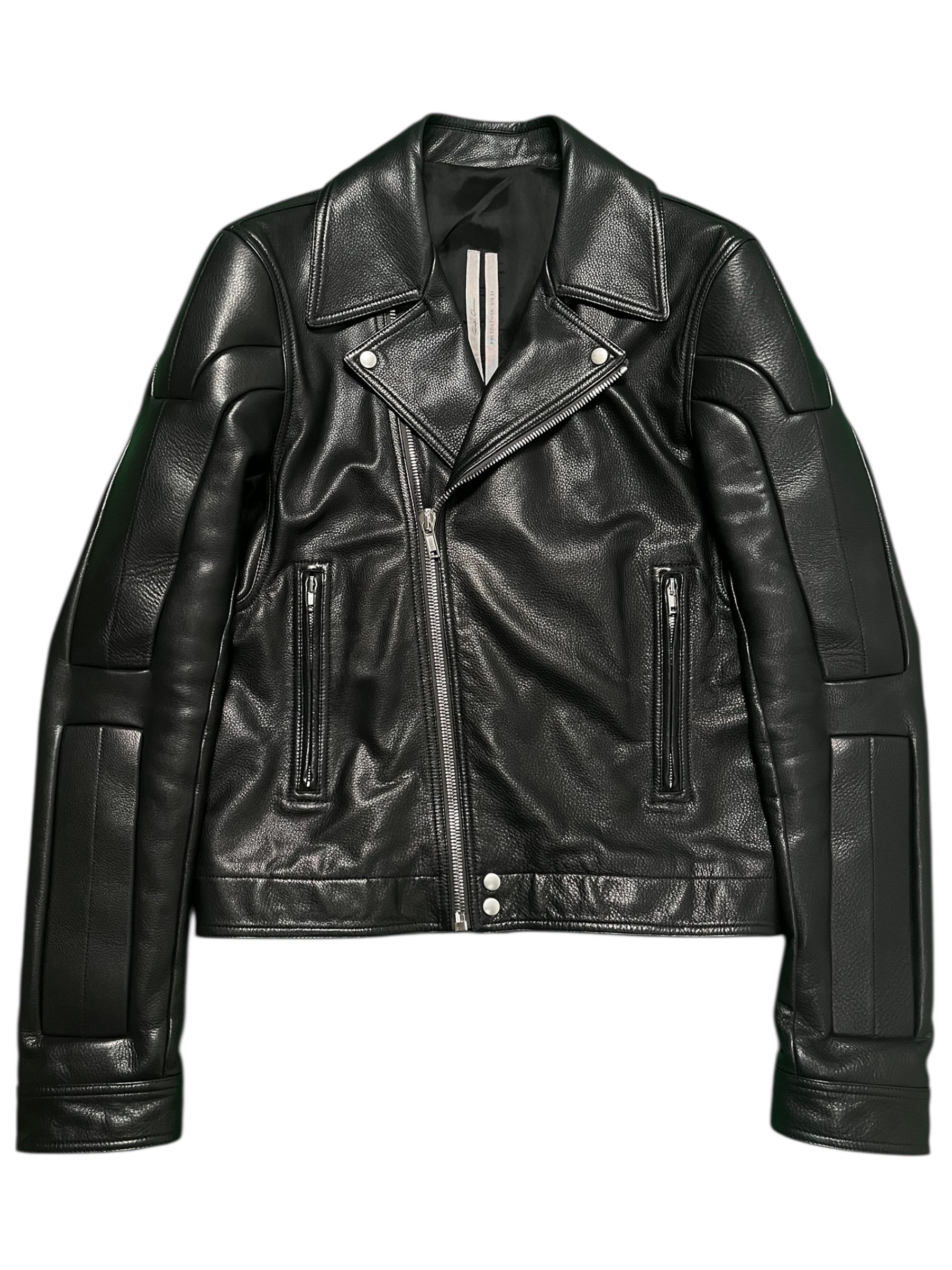 Rick Owens SS21 Phlegethon Stooges biker jacket in black leather with silver hardware, close-up of front view and zippers.