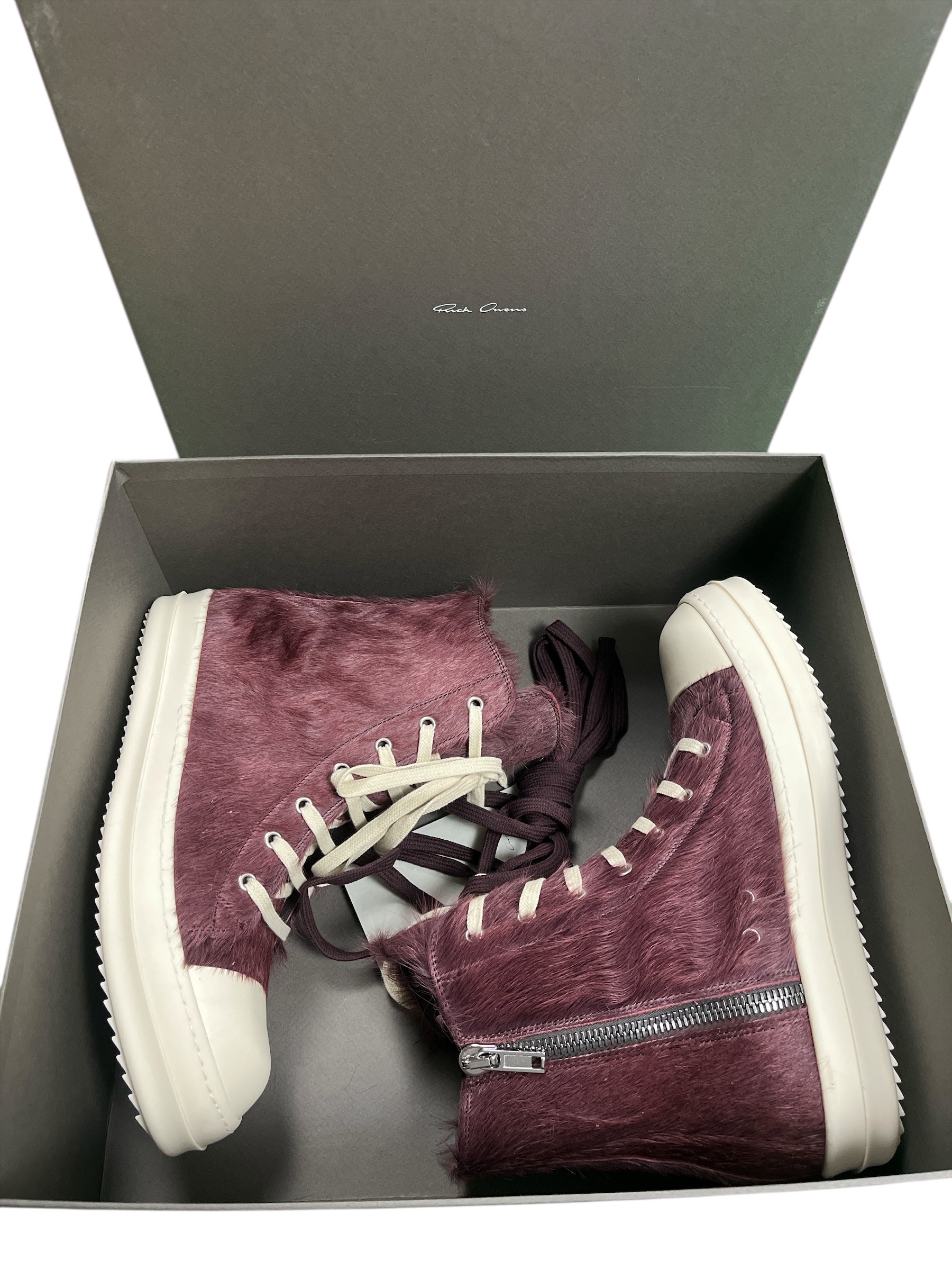 Rick Owens FW23 Luxor Amethyst Pony Hair Ramone Sneakers featuring purple pony hair and sleek sneaker design.
