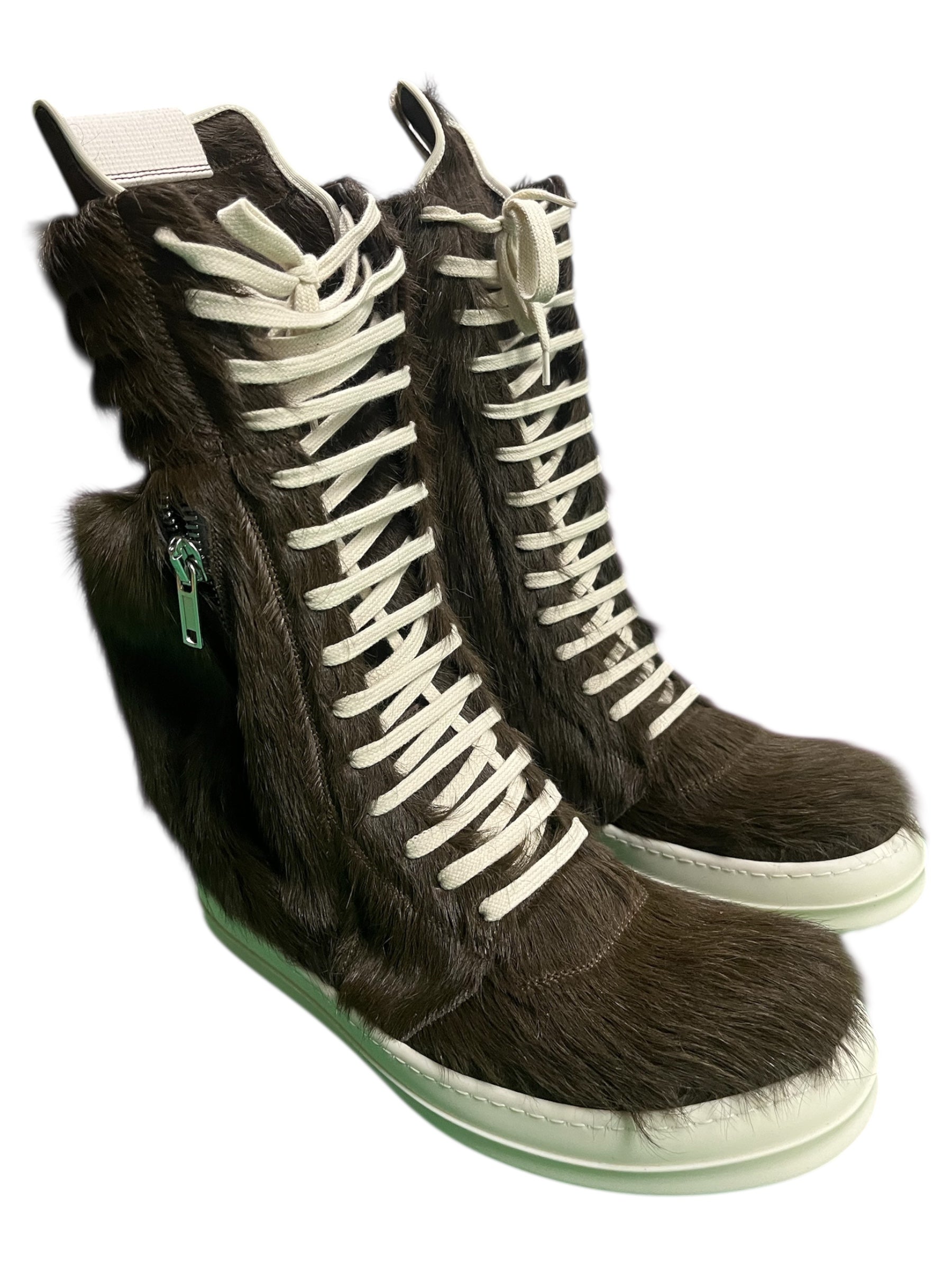 Rick Owens FW23 Luxor brown pony hair cargo Geobasket sneakers showing textured pony hair upper and rugged sole detail.