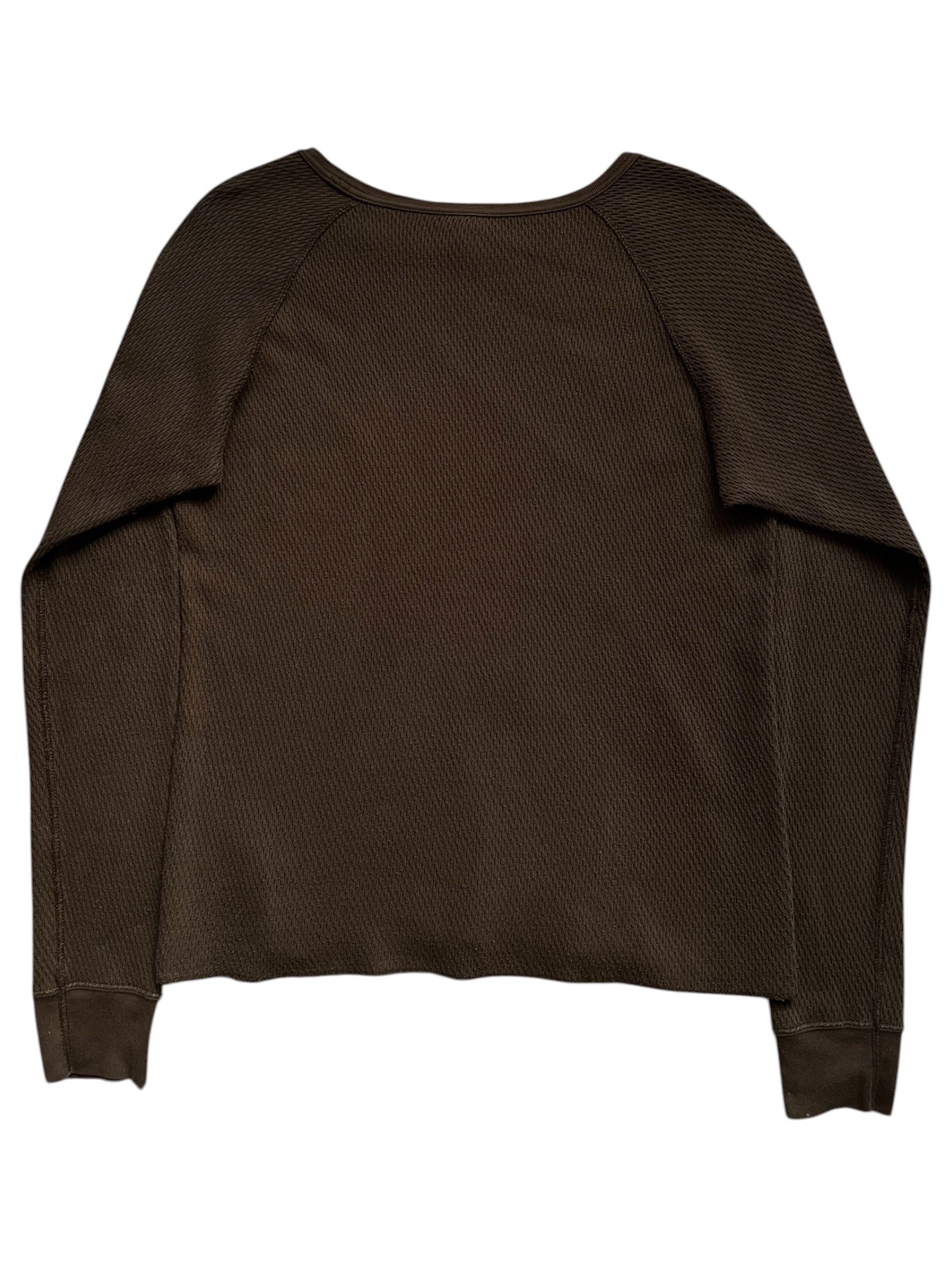 Number (N)ine 00s brown heavy thermal long sleeve shirt with ribbed cuffs and neckline, casual and warm clothing.