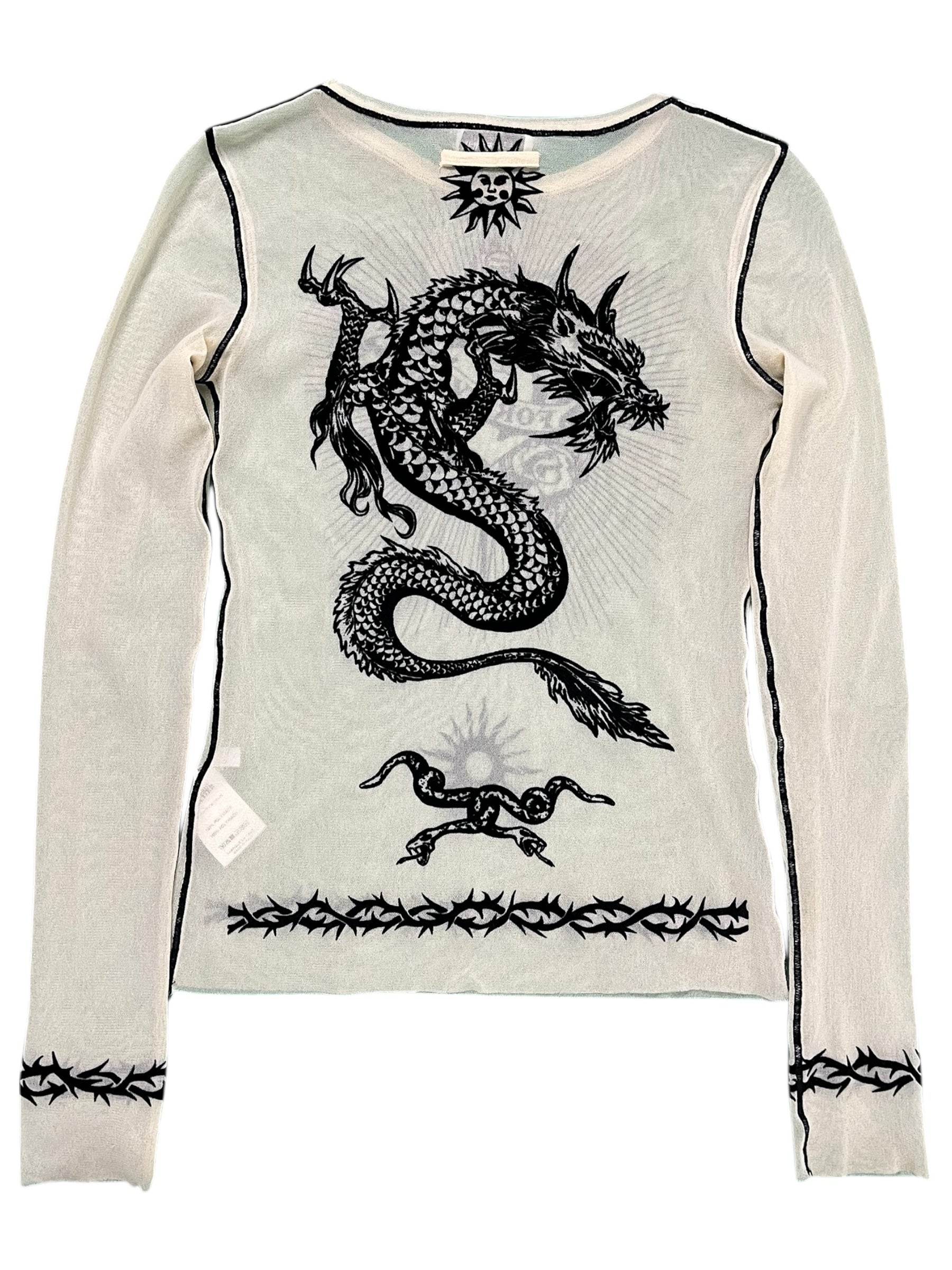 Jean Paul Gaultier Love Moi safe s*x forever mesh long sleeve top with transparent fabric and intricate design.